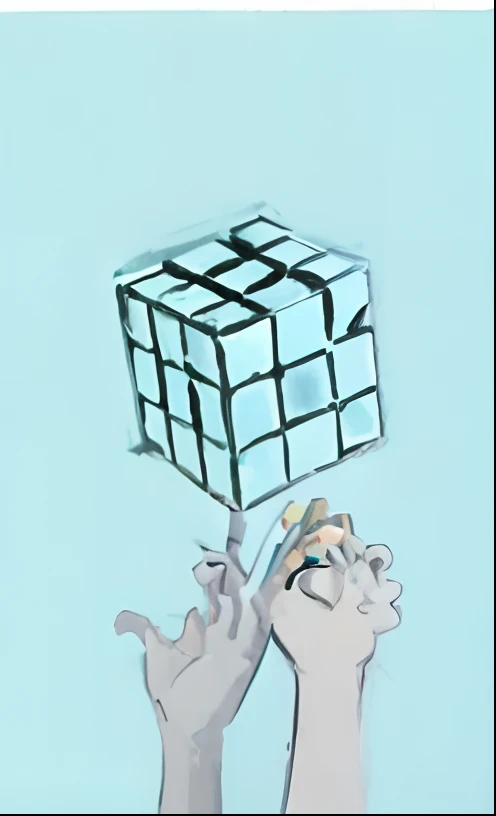 Flat illustration, minimalism, bright color, One hand holds a Rubik's Cube, best quality