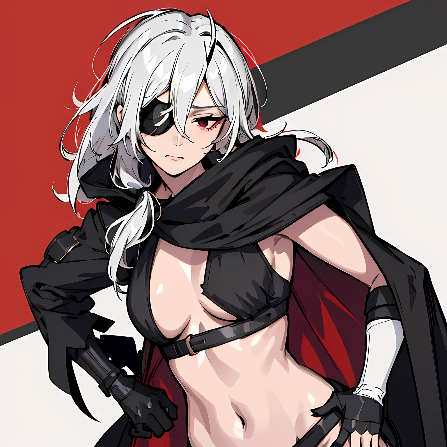 (absurdres, 8k, 4k, masterpiece, hyper extreme detailed:1.2), solo, 1girl, front view portrait, best quality, expressive eyes, perfect face, 1girl, portrait, solo, Female, mature female, adult, pale skin, black nails, white skin, black ribbon, red eyes, black eyepatch, annoyed, tattered clothing, armor, ripped clothes, oversized shirt, , swept bangs, side bangs, messy hair, long hair, hair covering forehead, perfect anatomy, anatomically correct, looking forward, forward view, expressive eyes, perfect eyes, quanxi, ponytail, eyepatch, Zero, full body, hand on hip, black cloak, wearing hood, right eyepatch, right eye covered,