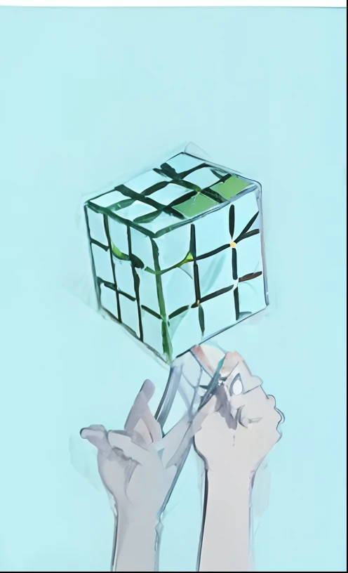 Flat illustration, minimalism, bright color, One hand holds a Rubik's Cube, best quality
