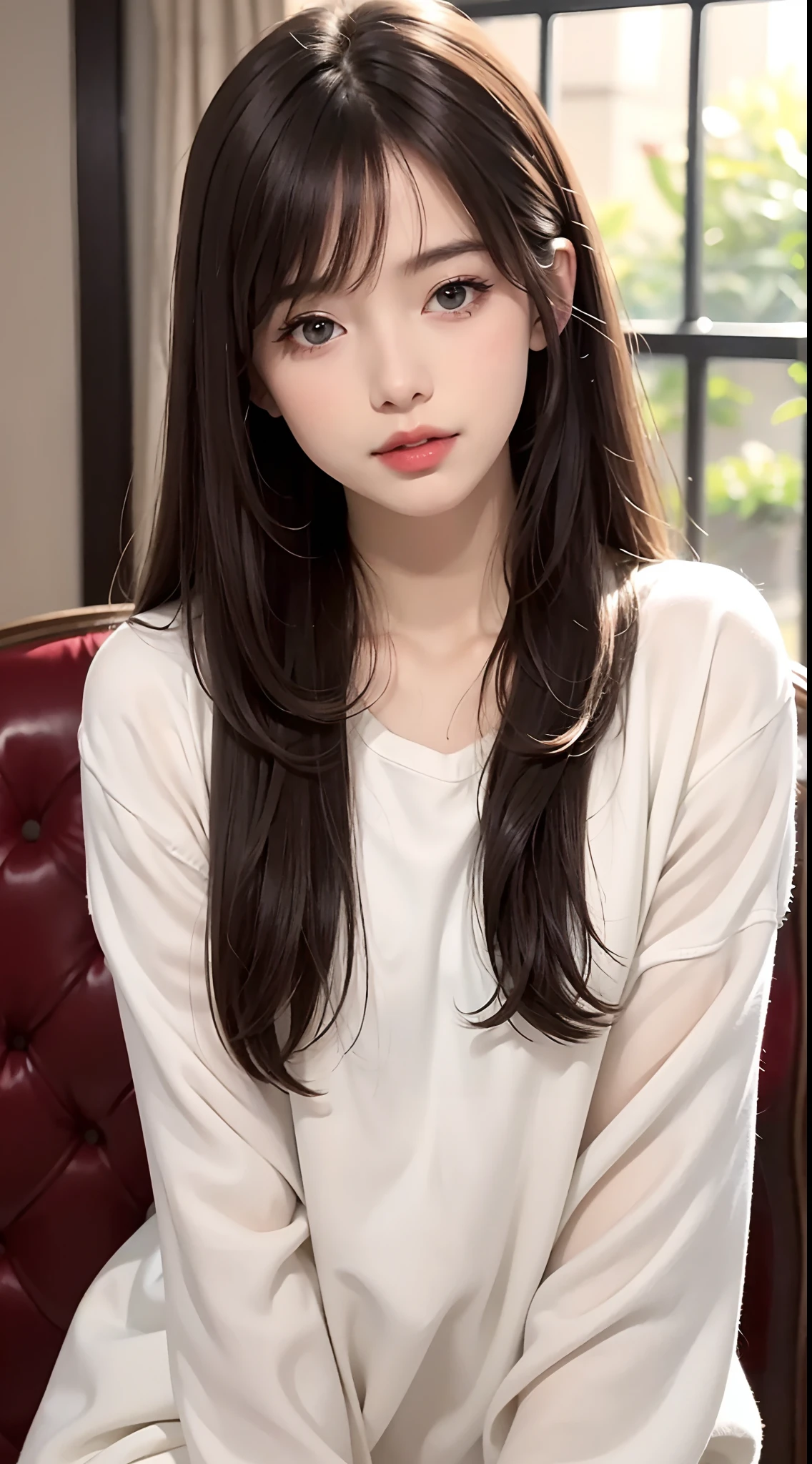 fully body photo,(8K, Photorealistic:1.25) ,( Small lip gloss, eyeslashes, gloss face, Glossy glossy skin, best qualtiy, 超A high resolution, depth of fields, color difference, Caustics, Wide light, naturalshadow, ) ,Slender,A brown-haired, Blunt bangs, hair behind ear, hair over shoulders, Long hair,(pubick hair),realisticlying