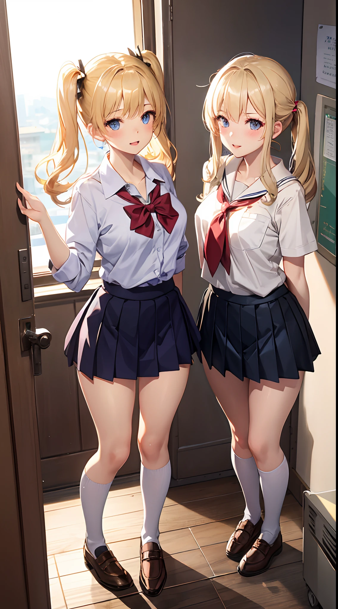 1girl in, Parted lips, blush, makeup, lightsmile, School uniform, Full body, Wide Angle, From  above, crass room, llight rays, Glow, thighs thighs thighs thighs, 鎖骨, Narrow waist, (masutepiece), Wallpaper,Beautiful skins、twin-tail hair、Bright blonde hair、(white  panties、Roll up your skirt to show your panties、skirt rift)