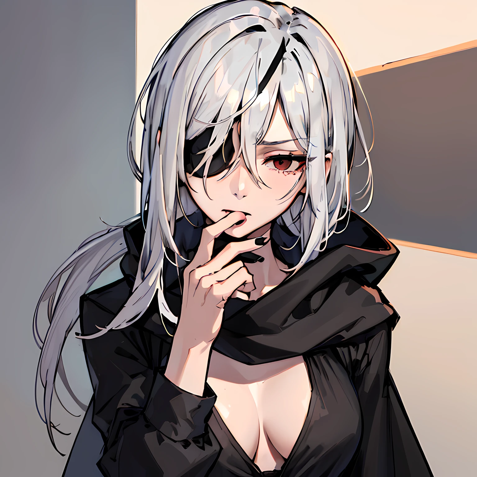 (absurdres, 8k, 4k, masterpiece, hyper extreme detailed:1.2), solo, 1girl, front view portrait, best quality, expressive eyes, perfect face, 1girl, portrait, solo, Female, mature female, adult, pale skin, black nails, white skin, black ribbon, red eyes, black eyepatch, annoyed, tattered clothing, armor, ripped clothes, oversized shirt, , swept bangs, side bangs, messy hair, long hair, hair covering forehead, perfect , anatomically correct, looking forward, forward view, expressive eyes, perfect eyes, quanxi, ponytail, eyepatch, Zero, full body, hand on hip, black cloak, wearing hood, right eyepatch, right eye covered,