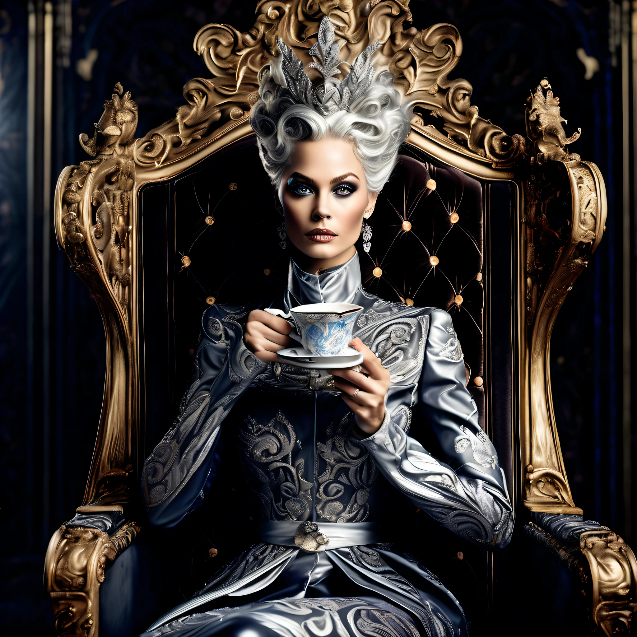 regal aura queen sits upon a chair, In the throne room, ((good look nymph:1.3)), (inverted triangle sharp face:1.1), one eye is hidden behind a lock of hair, a curtain of silver hair, eyes wide with piercing gaze, (((she takes a sip of steaming hot tea:1.3))), complex patterns and insane designs, capturing the essence of the queen grace and power, shimmering silver, touch of intrigue and realism, grace and beauty paint, (((stunning intricate detail:1.3))), sleek stylish render, (((depth and dimension to this masterpiece:1.3))), (((stunning extremely insane detail:1.3))), (((ultimate quality resolution:1.4))), high contrast sophistication masterpiece,