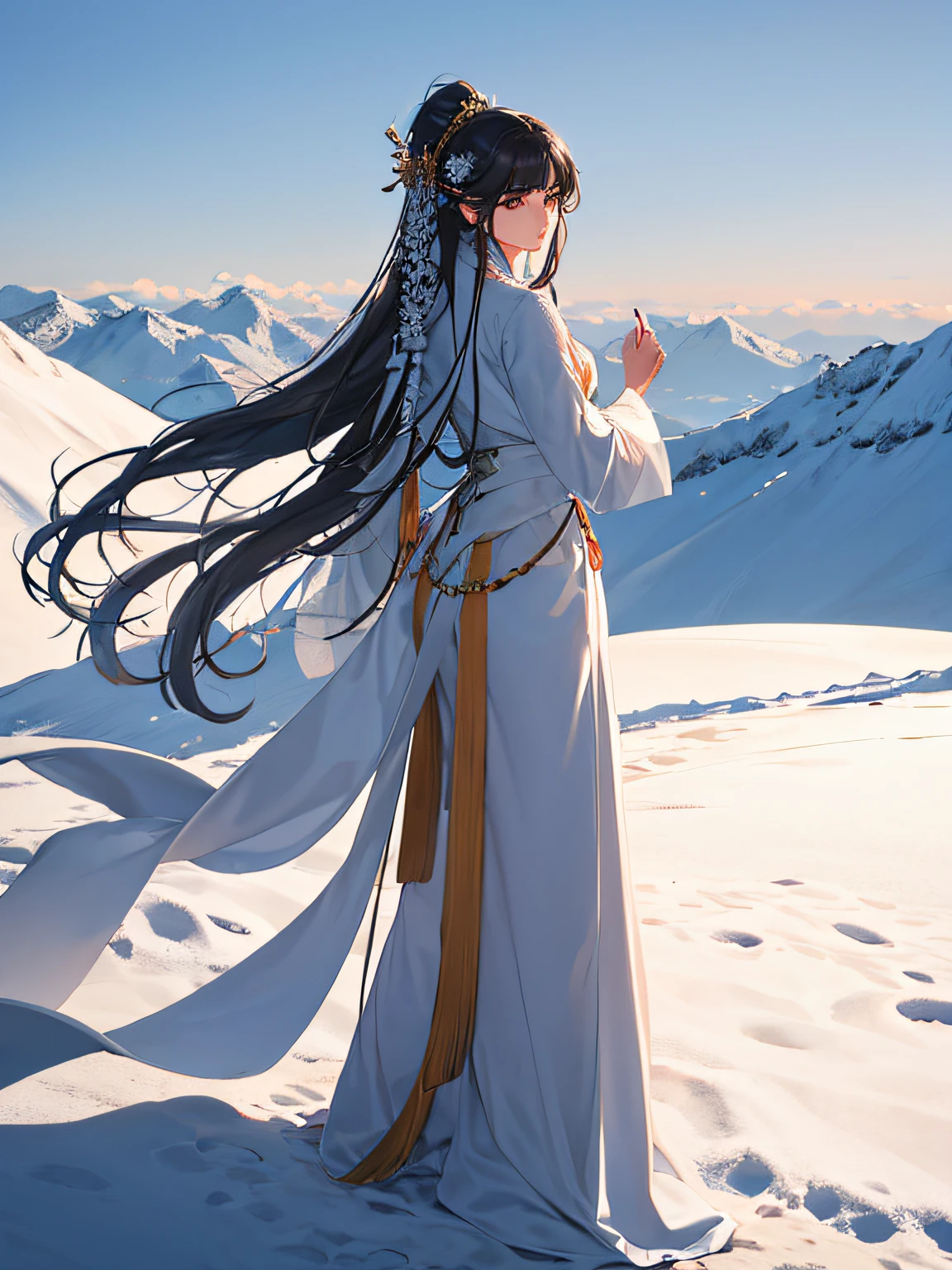 A long-haired girl in ancient costume stopped and looked back on the snowy mountain