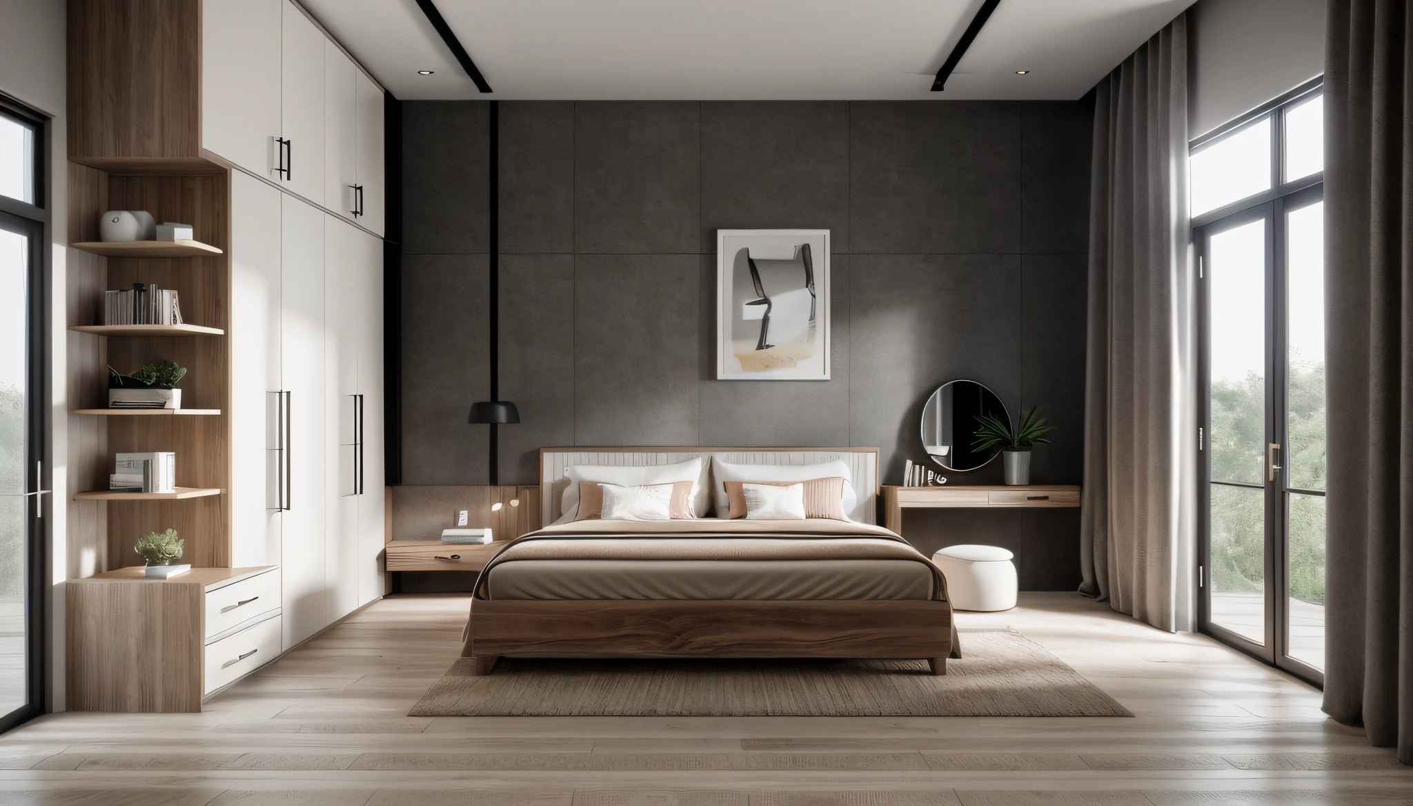 RAW photo of a bedroom, cleanly designed and crafted from light-colored natural wood, in a contemporary, minimalist, daylight, dark, artful lighting style. Studio photos, intricate details, luxurious and spacious, beautiful, realistic, High resolution, detailed, sharp, 8k uhd quality