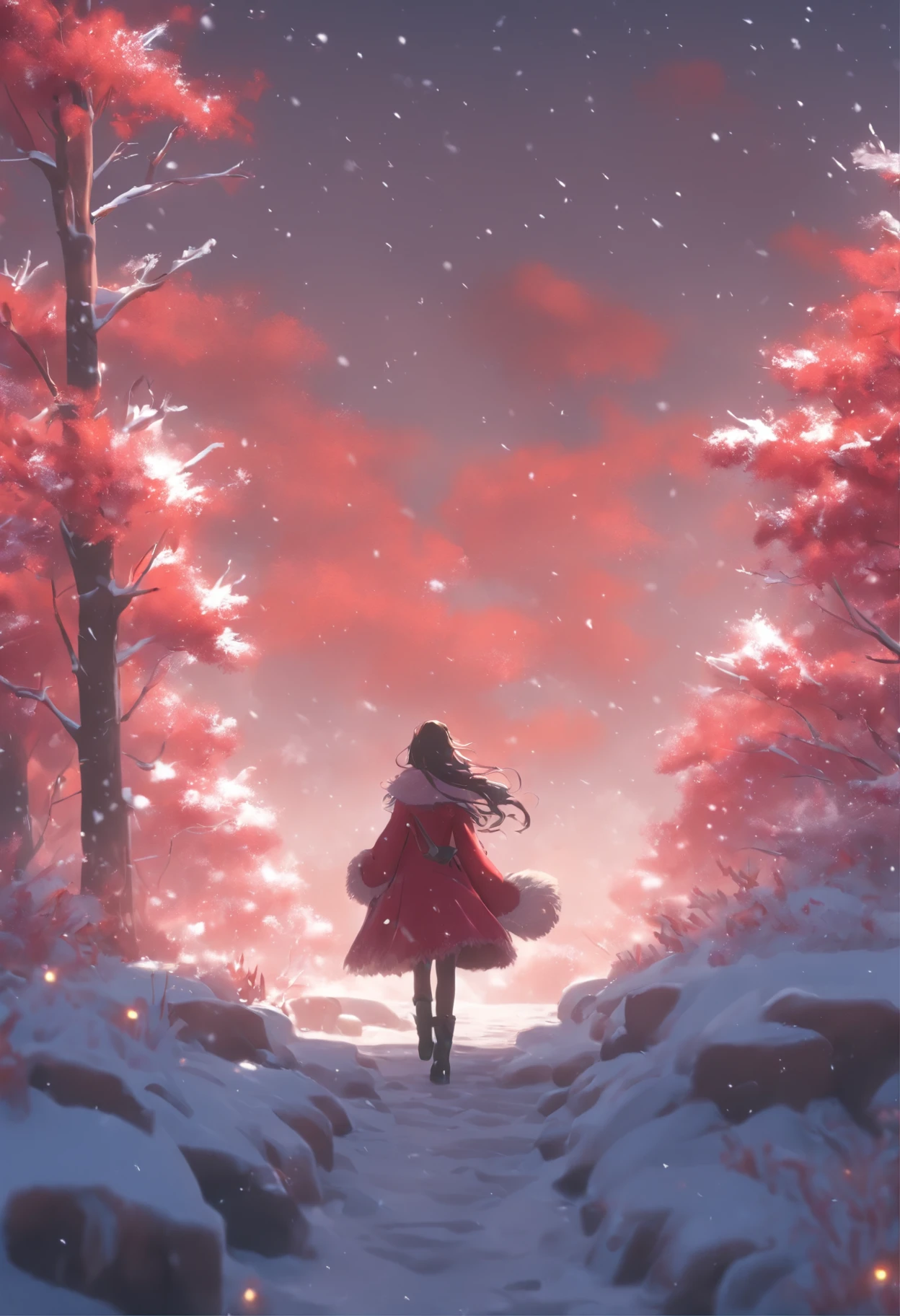 snowy landscape，Background shadows，（The girl who walked away turned her back to the audience:1.1），中景 the scene is，独奏，（cabelos preto e longos），（No hats），Wear a red cotton coat，Black boots，Go far，Heavy snowfall，The road to a faraway place，In winter, The tree is dead，Cloaked in snow，Winter tones，gloomy mood，The view is the mountains，（Snowflakes drift in the endless sky），8k wallpaper，cinema4d，movie light effect，light and shadow effect，Tyndall，rendering by octane，White balance，Unreal 5，Extremely detailed picture，light particules，depth of fields，tmasterpiece，realisticlying