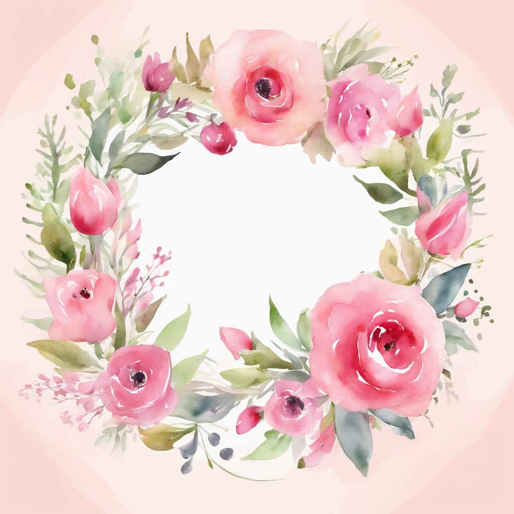 wreath, Floral frame, Delicate watercolor flowers in pink and bright rose tones, Attractive illustrations.