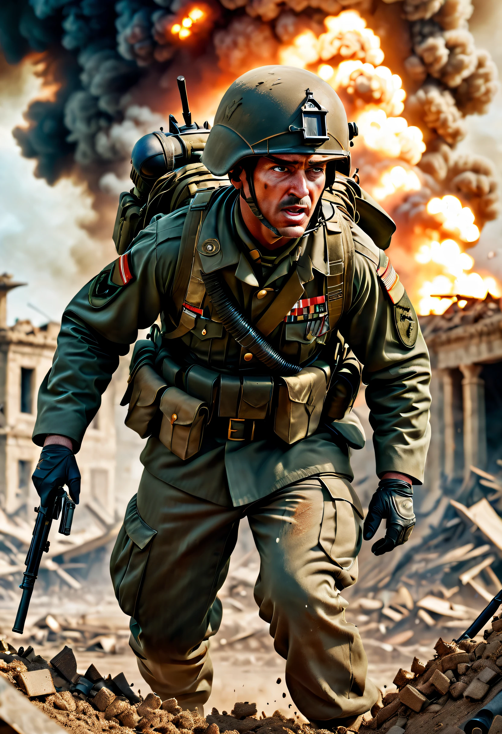 (best quality,4k,8k,highres,masterpiece:1.2),ultra-detailed,(realistic,photorealistic,photo-realistic:1.37),war movie poster, intense, dramatic, (portrait:1.2), soldier, (military uniform, army uniform), fire-filled battlefield, explosive, gunfire, (action-packed, adrenaline-pumping), (tense atmosphere, gripping), (chaotic battle scene, war zone), (destructive chaos), (realistic lighting, dynamic lighting), (highly detailed:1.1), (sharp focus, crisp), (vivid colors:1.1), (explosions, smoke), (battlefield in ruins), (faces covered in dirt, sweat), (intense expressions, determined, focused), (action poses, heroic), (war-torn landscape), (thick smoke, billowing), (flying debris), (emotional impact), (captivating composition), (cinematic style), (dynamic perspective), (powerful symbolism), (epic scale), (gritty textures), (dramatic shadows), (authentic weapons, military equipment), (fearless soldiers), (life-or-death struggle), (adversity, resilience), (sense of urgency), (unstoppable force), (patriotism, sacrifice), (courage, bravery), (emotional journey), (thrilling adventure), (heart-pounding action), (awe-inspiring), (tension-filled), (intensity), (warfare), (heroism), (conflict).