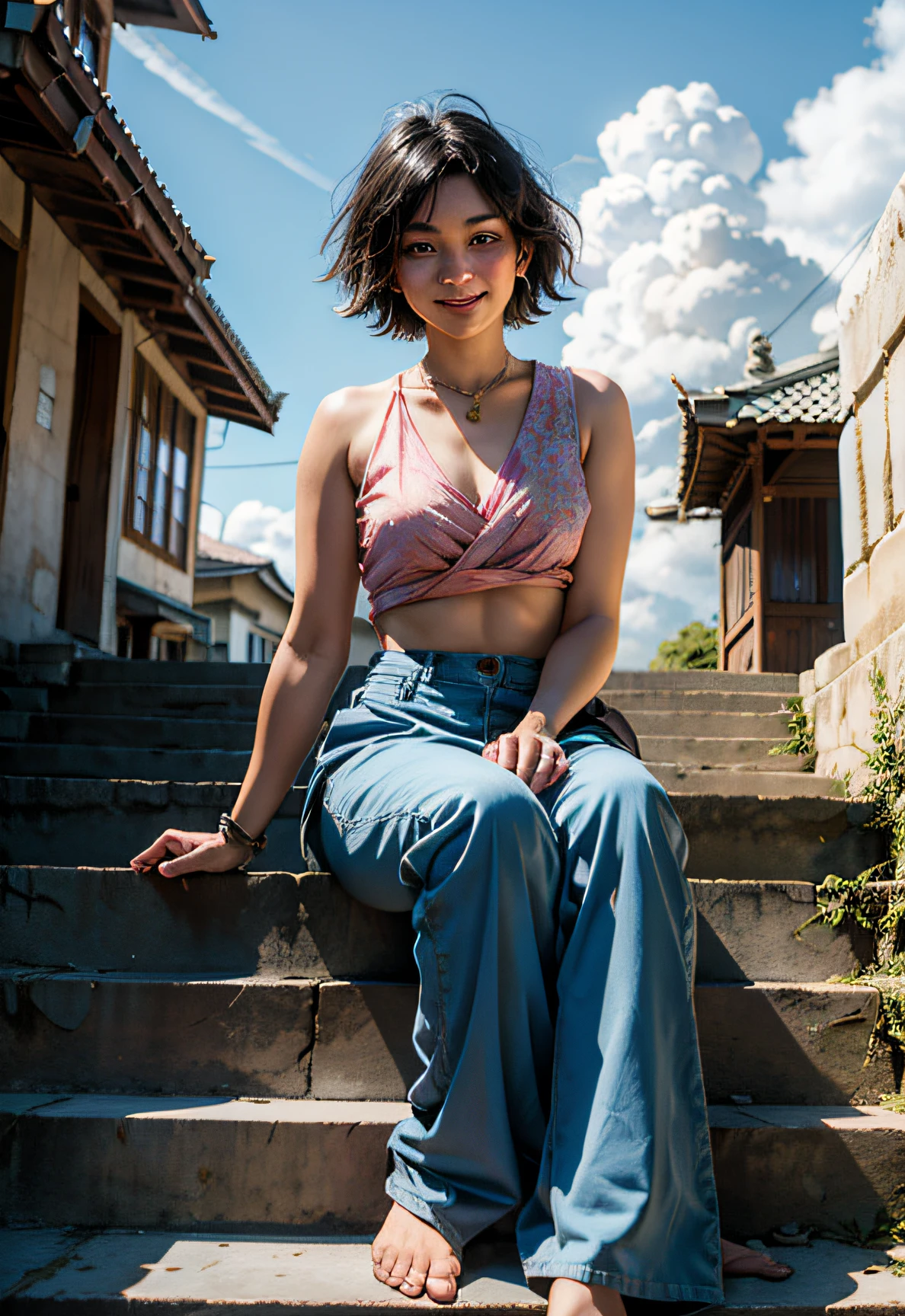 Sayudev, full bodyesbian, Smile, Blush, Outdoors, Daytime, Simple background, Blue sky, Short hair, sky, Temple, Looking at the audience, sit on stairs, Village, moody light,