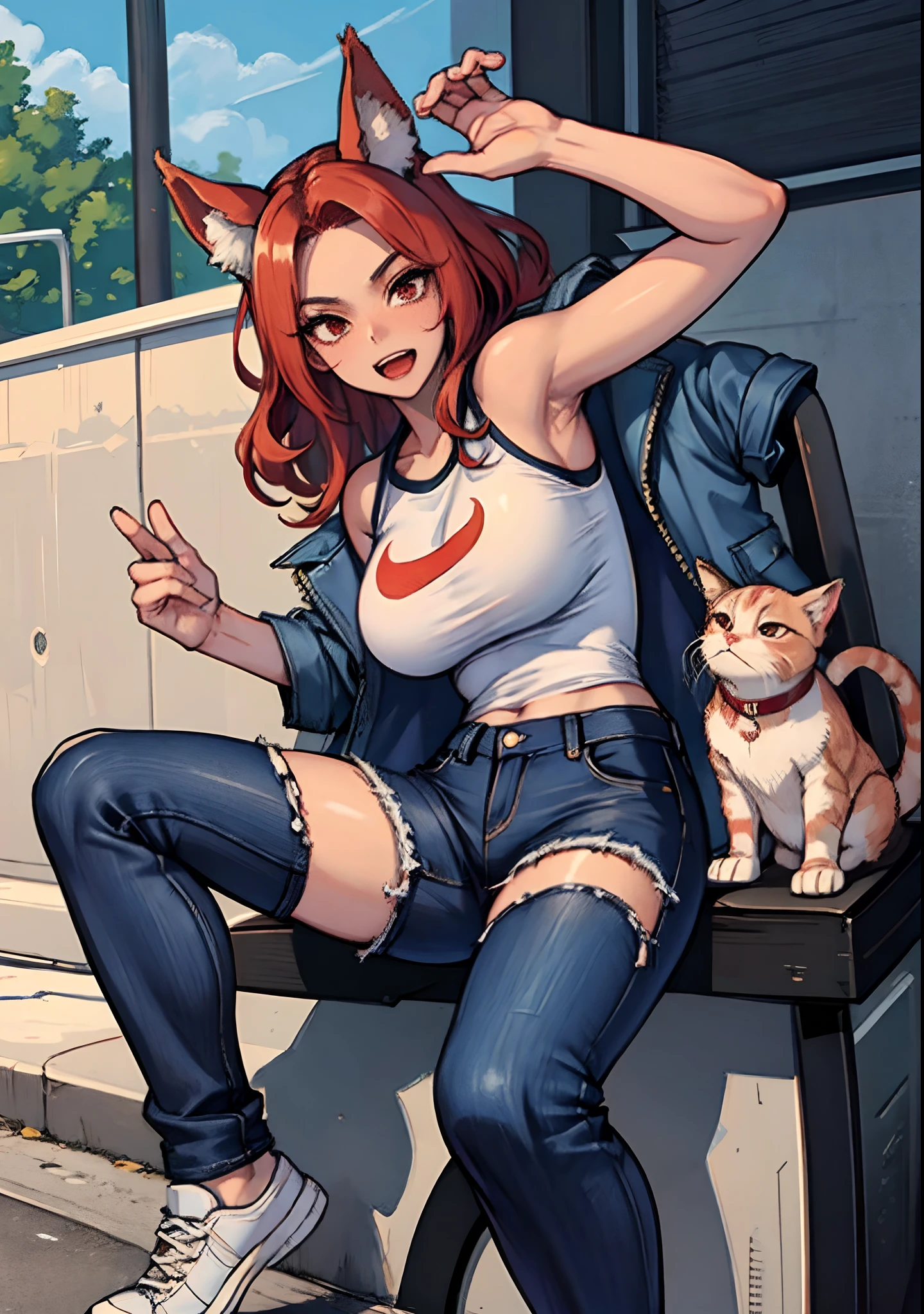 1 ebony girl with red cat ears, curly hair, red haired, wearing a black thigt t-shirt, denim jacket, denim pant and black sneakers, having a big breast and big thights