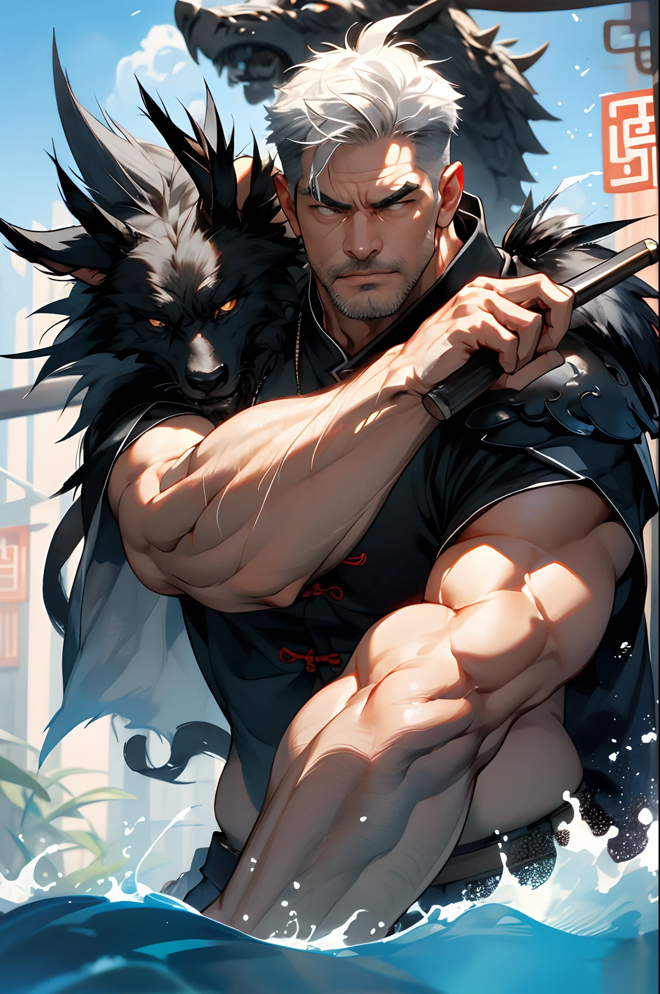 Northeast Grandpa, A Chinese man of about 39 years old, Rough and handsome looks,Strong body hair,barechested,Biceps,Oversized muscles, Big waist round, Lie in the pool, Wearing Tang Dynasty armor, Brush cut, vred, scowling, Masterpieces of the best quality,background of China, Get wet,sweat leggs,(Tattooed with:1.5),(musculous:1.5),(fatness:2),(Gray hair:1.5),(Gray body hair:1.5),(Skin Wrinkles:1.5),(gloss on the skin:0.5),