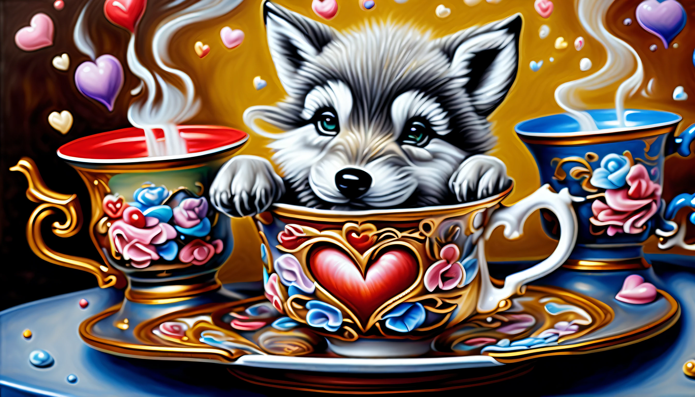 pop cute aura gray wolf pup riding a steam rises hot tea cup carousel, pop up heart, dynamic angle, surrounded by a sea of colorful tea cups and steam.touch of intrigue and realism, grace and beauty paint, (((stunning intricate detail: of oil painting1.3))), (((sleek stylish rendered in stunning 32k resolution:1.3))), highest quality, highly quality,