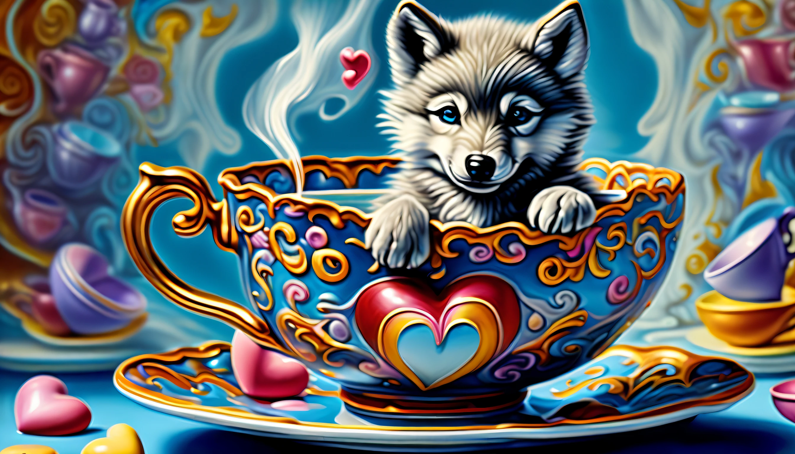 pop cute aura gray wolf pup riding a steam rises hot tea cup carousel, pop up heart, dynamic angle, surrounded by a sea of colorful tea cups and steam.touch of intrigue and realism, grace and beauty paint, (((stunning intricate detail: of oil painting1.3))), (((sleek stylish rendered in stunning 32k resolution:1.3))), highest quality, highly quality,