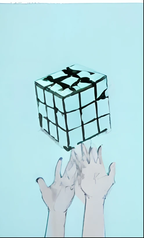 two hands，The palms of the hands are slightly open upwards，There is a Rubik's cube floating on it
