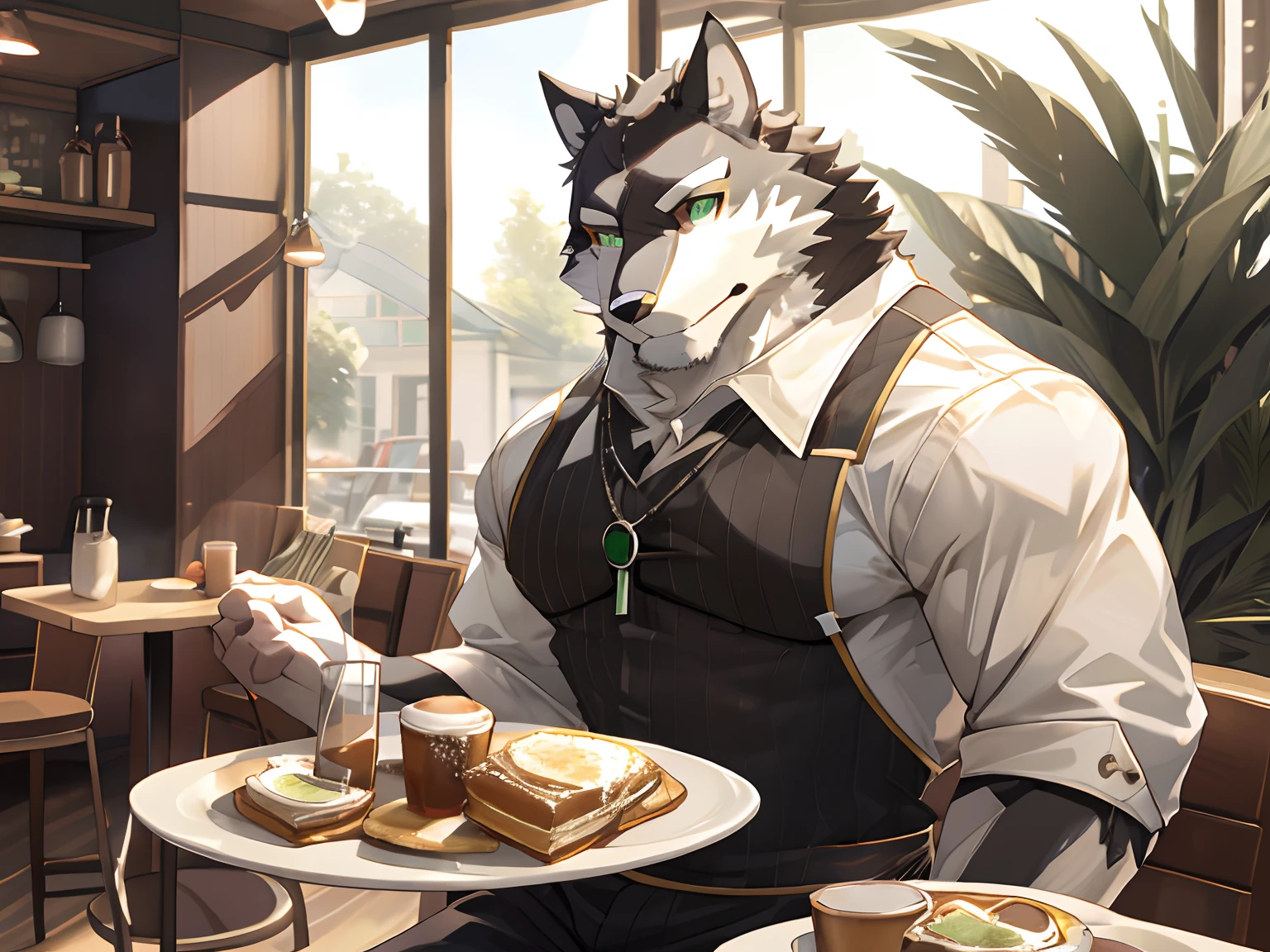 Monomasa, Solo, Furry Wolf, Black Furs, Two Toned Colors, Green Detailed Eyes, Muscular body, handsome, good looking, Waiter Set, cool pose, Coffee, Breakfast Morning Cafe Background.