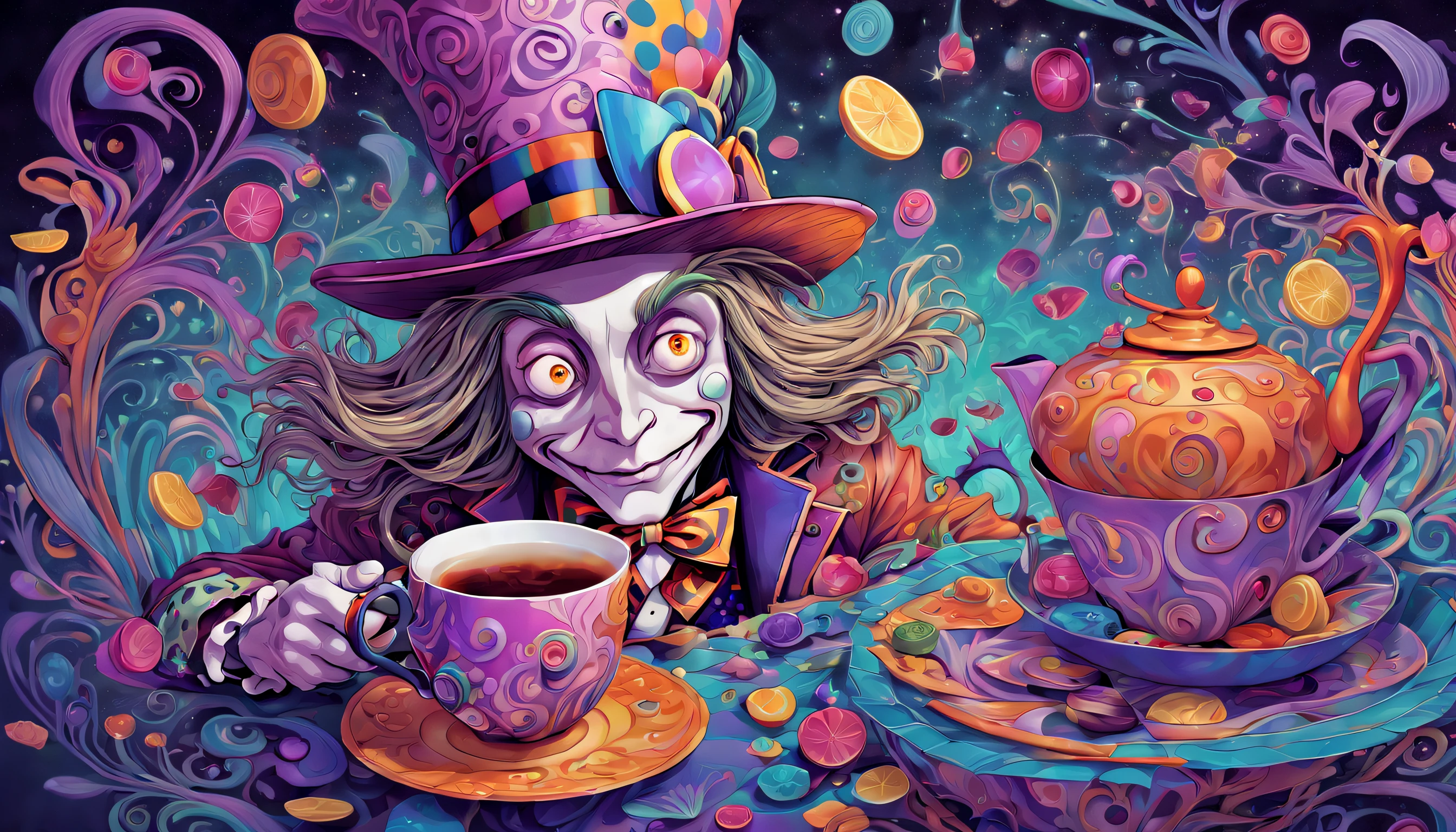 The Mad Hatter, playfully and elaborately illustrated in an otherworldly style, graciously welcomes the viewer to join him in sipping on a deliciously aromatic and enchanted cup of hot tea. Surrounded by a dreamlike enigma filled with mesmerizing patterns and vibrant hues. The wondrous, magical essence of Wonderland, emanating curiosity and inspiring a profound sense of adventure. art by mooncryptowow