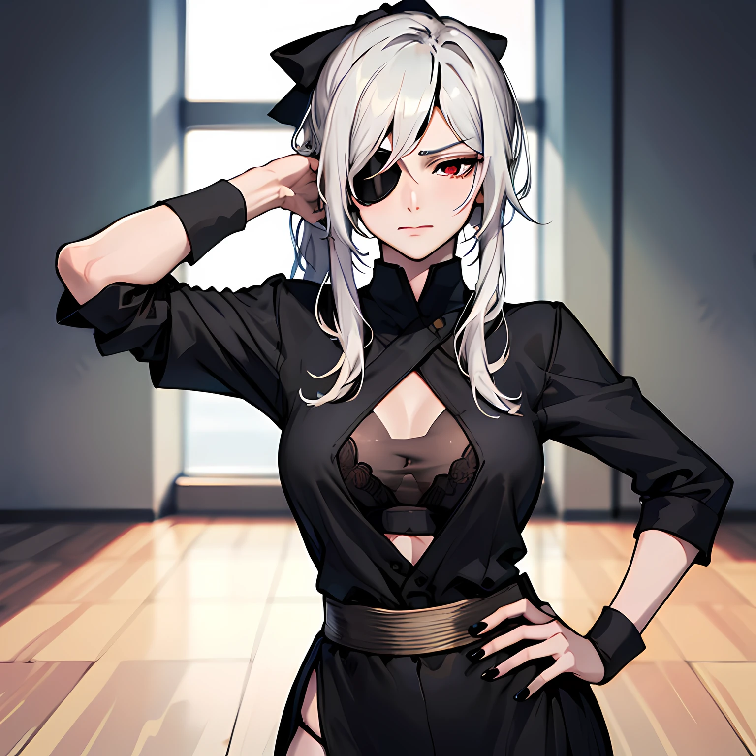 (absurdres, 8k, 4k, masterpiece, hyper extreme detailed:1.2), solo, 1girl, front view portrait, best quality, expressive eyes, perfect face, 1girl, portrait, solo, Female, mature female, adult, pale skin, black nails, white skin, black ribbon, red eyes, black eyepatch, annoyed, tattered clothing, armor, ripped clothes, oversized shirt, , swept bangs, side bangs, messy hair, long hair, hair covering forehead, perfect anatomy, anatomically correct, looking forward, forward view, expressive eyes, perfect eyes, quanxi, ponytail, eyepatch, Zero, full body, hand on hip, covered breasts, right hand on head, left hand on hip, solo, leaning back, window background, BlackOutfit,