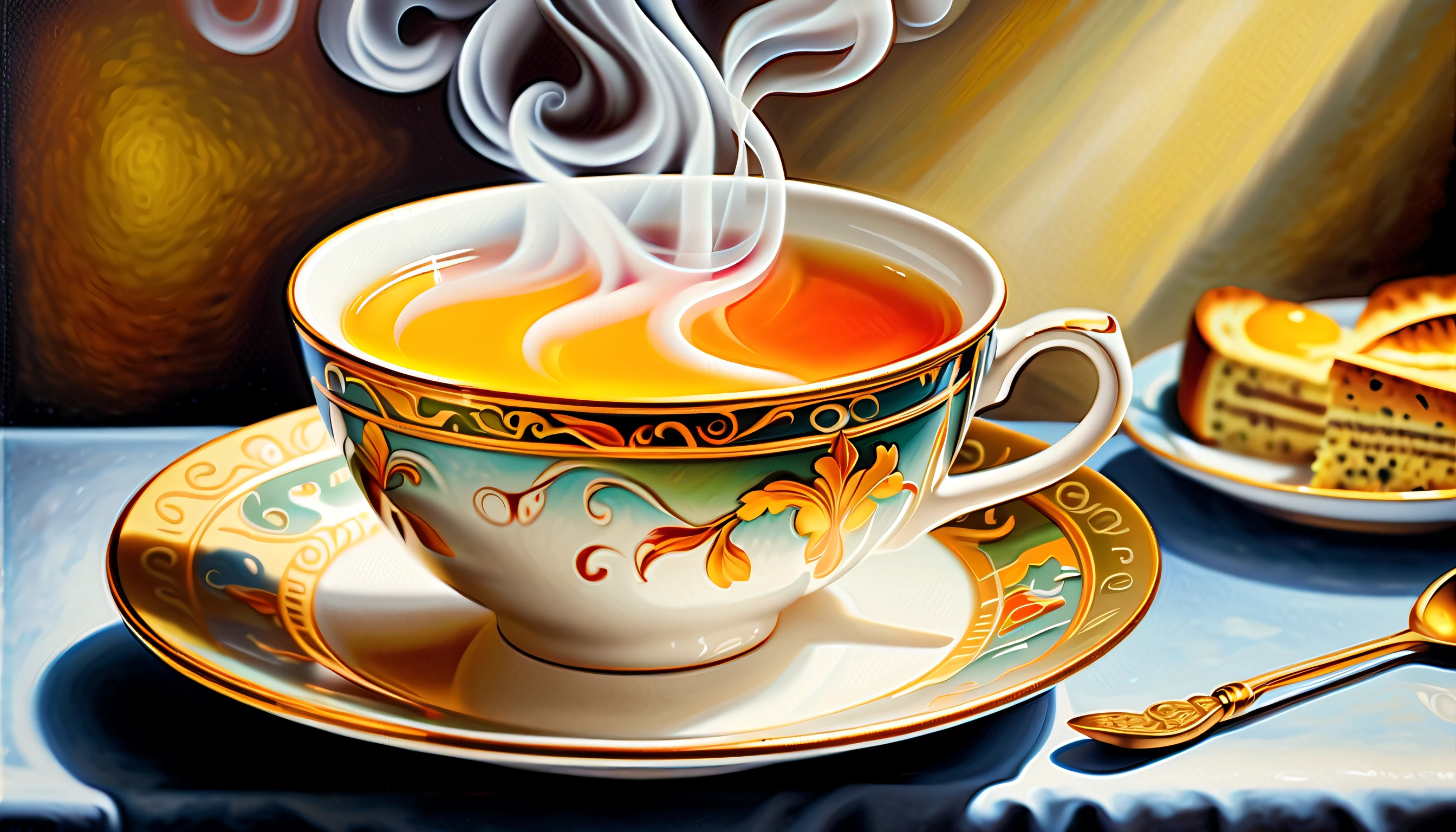 stunning oil painting, (((steaming cup:1.3))), breakfast tea, breakfast scene, captured in a stunning oil painting, grace and beauty paint tranquil world background detail, (((stunning intricate detail:1.3))), (((radiosity rendered in stunning 32k resolution:1.3))), highest quality, highly quality, mesmerizing oil painting masterpiece,