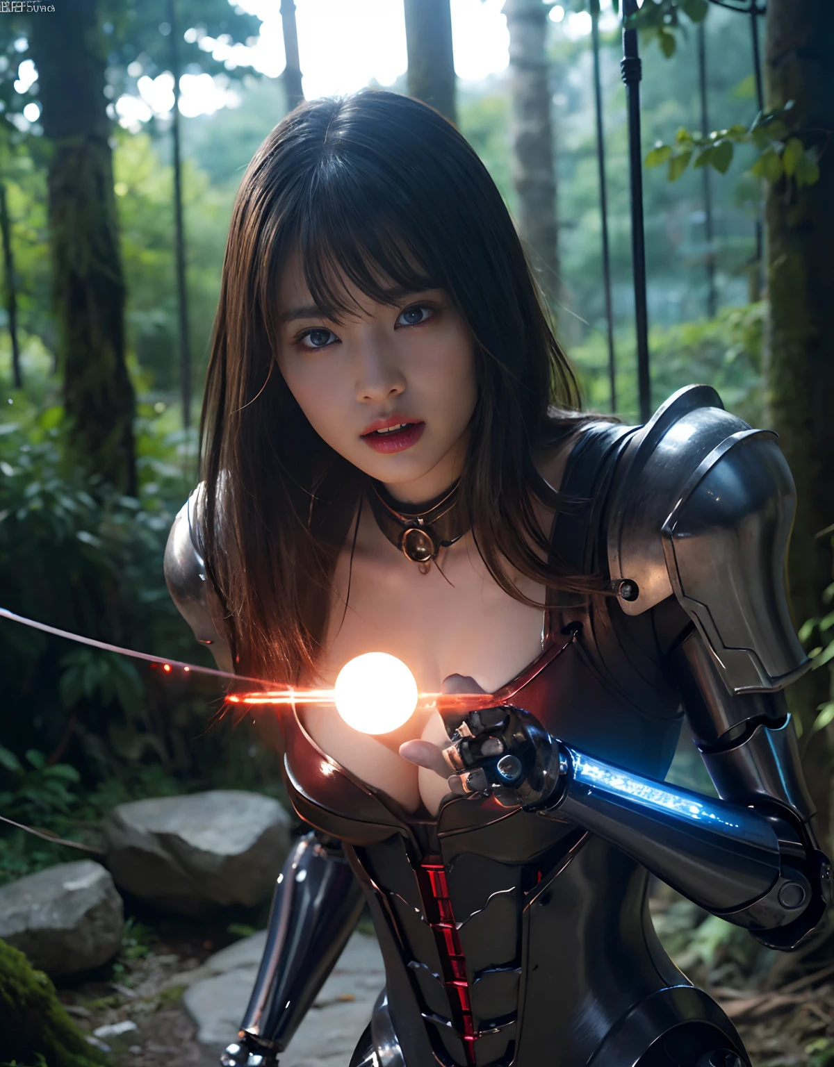 (1 Mechanical Girl)、top-quality、​masterpiece、超A high resolution、(Photorealsitic:1.4)、Raw photo、女の子1人、Fight mutants、glowy skin、(((1 Mechanical Girl)))、With a beautiful knife、（Red Metal Bodysuit）、(Fight goblings、ogre、Fierce battle with orcs),（Fight fiercely against aliens）、Fight fiercely、(beautiful forest background)、(Fighting Demonic Beasts)、(Small LED)、((super realistic details))、portlate、(Strong giant demon beast background),globalillumination、Shadow、octan render、8K、ultrasharp、Colossal tits、Raw skin is exposed in cleavage、metals、Details of complex ornaments、Japan details、highly intricate detail、Realistic light、(Mystical expression),CGSoation Trends、Blue eyes、radiant eyes、Facing the camera、neon details、(Mechanical limbs)、(blood vessels connected to tubes)、(Wires and cables connecting to the head)、Small LED、,Mechanical thighs、Toostock、（Hands are also made of machines）、（Attack of the Monster Beasts）、