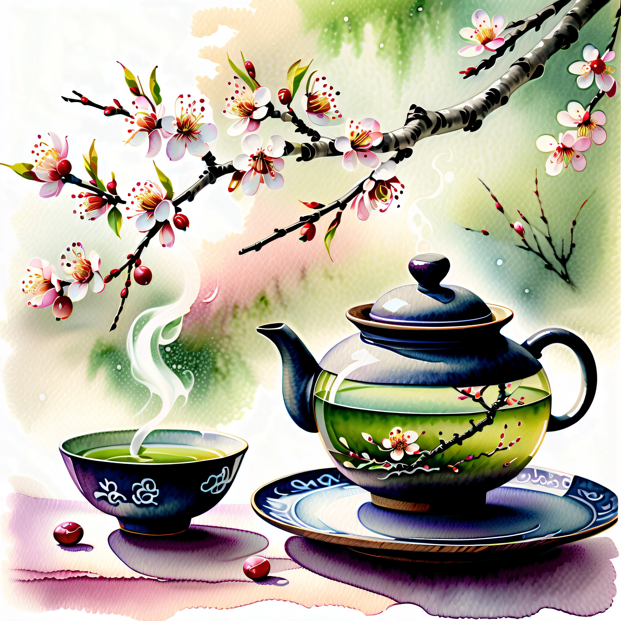 stunning watercolor painting, a steaming tea bowl of green tea with delicate plum blossom petals floating on its surface, graceful dance of plum blossom petals, gentle swirl of plum blossom petals, captured in a stunning watercolor painting, grace and beauty paint tranquil world background, (((stunning intricate detail:1.3))), (((radiosity rendered in stunning 32k resolution:1.3))), highest quality, highly quality, mesmerizing watercolor masterpiece,