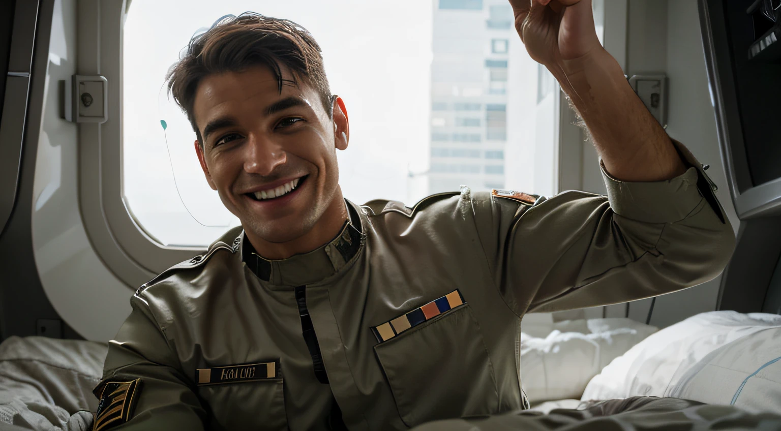 a realistic smiling man soldier in a spaceship in bed