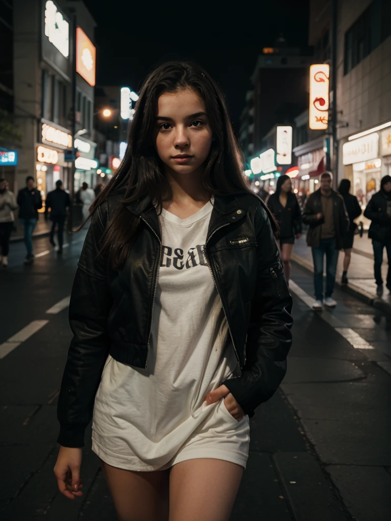 A solitary girl in a street, surrounded by a detailed background. (best quality, masterpiece:1.2), ultra high resolution, realistic illustration capturing the essence of the scene. The girl's appearance and emotions are beautifully detailed, with captivating eyes, expressive lips, and delicate facial features. Her clothing and posture reflect a sense of solitude and introspection. The street is filled with intricate details, showcasing the vibrancy of urban life. The lighting is atmospheric, with soft volumetric lighting casting a gentle glow on the surroundings. Depth of field and close-up shots highlight the girl as the focal point, drawing the viewer's attention to her presence in the scene.