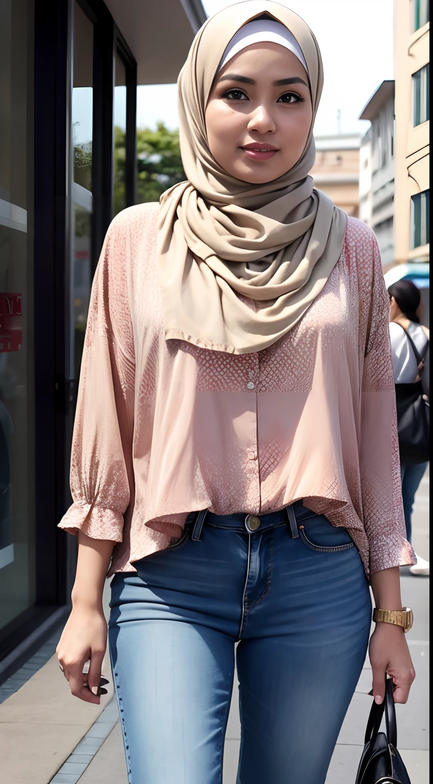 RAW, Best quality, high resolution, masterpiece: 1.3), beautiful Malay woman mom in hijab (iu:0.8),modern outfit muslim,jeans,hijab,optimistic,street photography