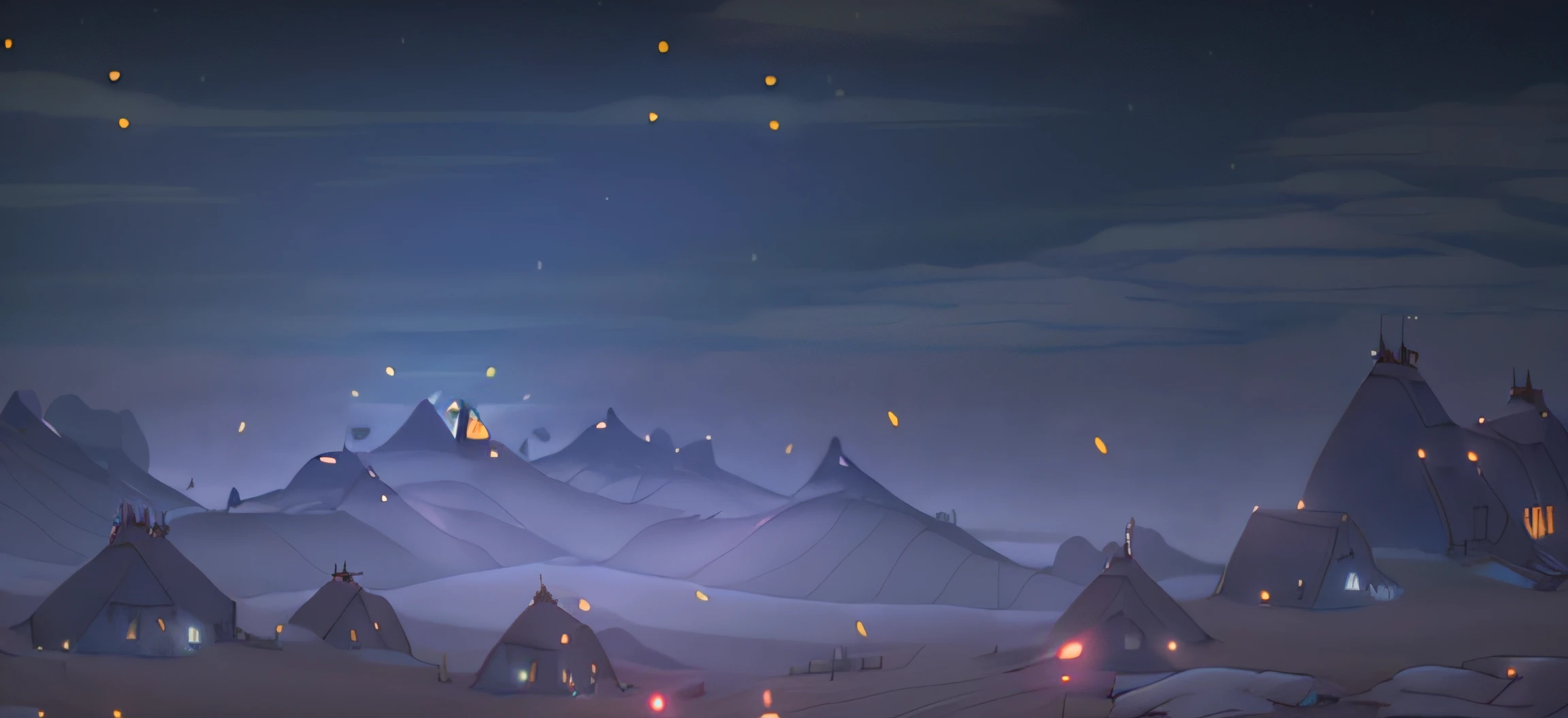 There are a lot of lights and some small lights on the hill, background artwork, arte de fundo, Mobile game background, game background, calm evening. Digital illustration, 2 D game art background, Some mist and fireflies, 2d game background, magical battlefield background, Night background, distant village background, nightime village background, Sunset fog with fireflies