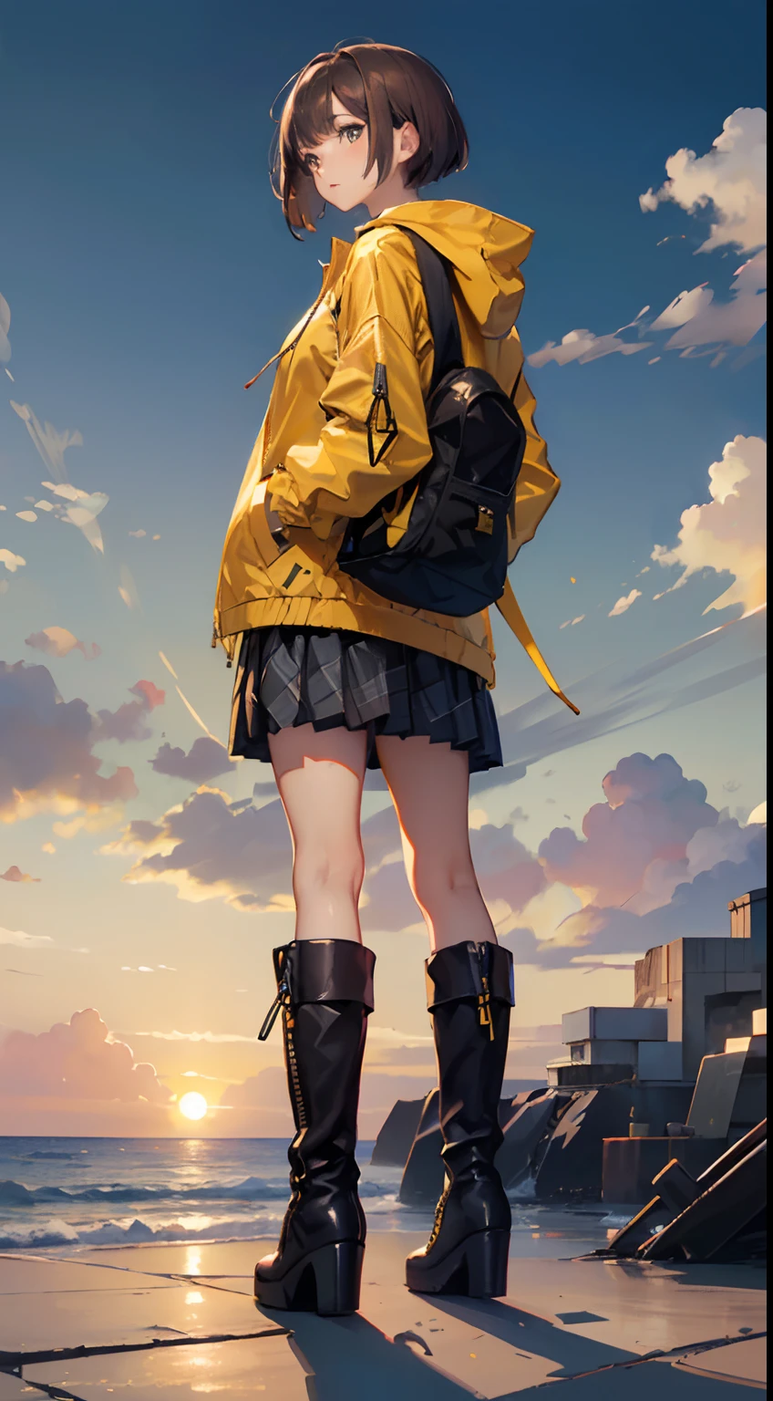 top quality,16K, masterpiece, beautiful high school girl， Light brown beautiful bob hair, Light brown beautiful eyes, looking at viewer, Light brown medium bob hair, plump breast, standing open legs, BREAK (yellow theme:1.4), (oversized and baggy yellow outerwear:1.3), (fusion of yellow windbreaker and yellow hoodie:1.4), (yellow Nylon:1.4), ((zipper, large pocket):1.3), BREAK (black and white plaid-pattern pleated-skirt:1.2), (black platform HIGH boots:1.2), sunset seashore, orange sky, beautiful clouds,