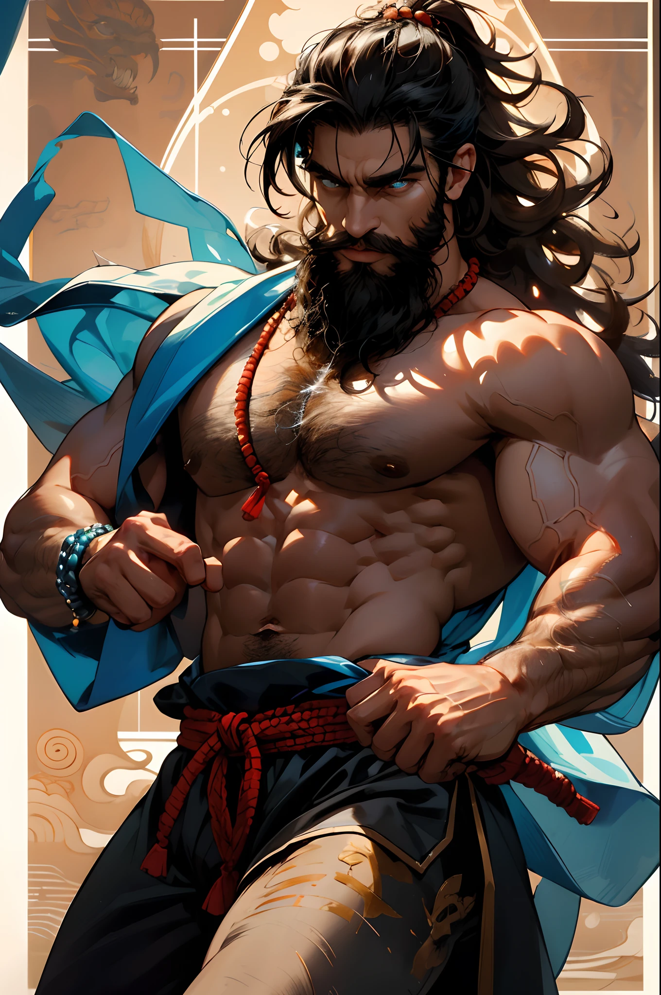 Powerful fighter, Chest exposed, The lower body is undressed from thigh to toe, Decorated with beaded beard, Long flowing curly hair, Detailed muscle physique, Realistic depiction, 4K 分辨率. Background: Martial arts dojo,32k ULTRAHD, Best quality, Masterpiece, Super detail, High details