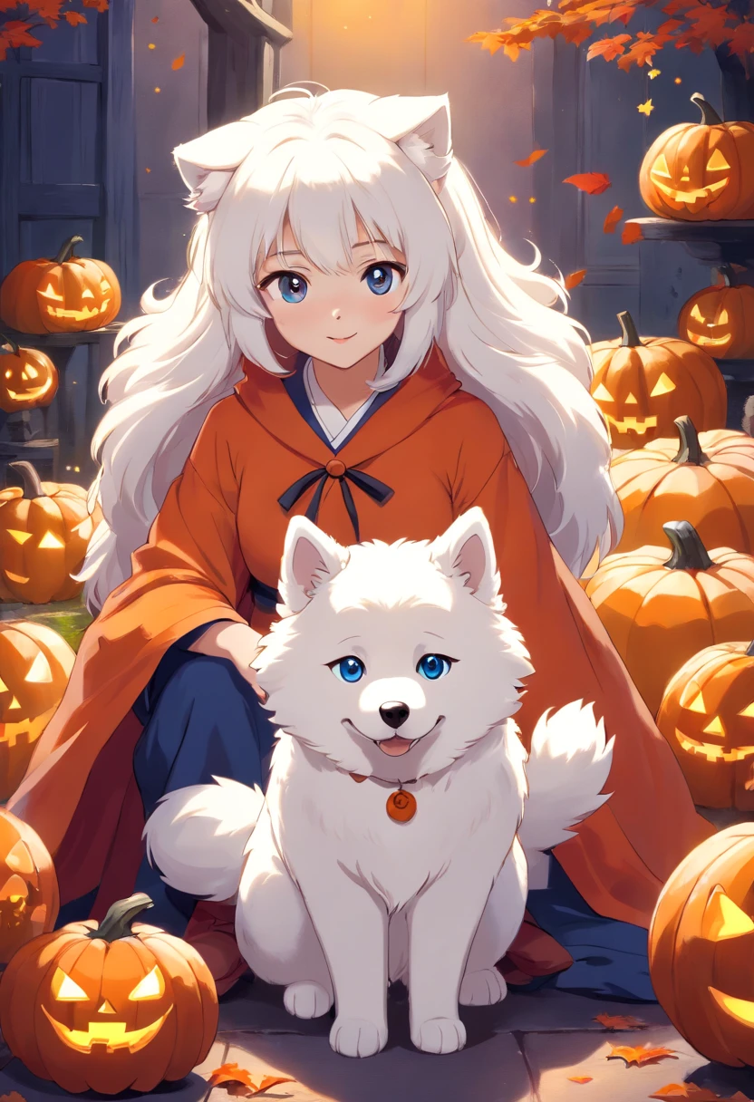 Samoyed in Halloween costume，There was a white cat lying next to it