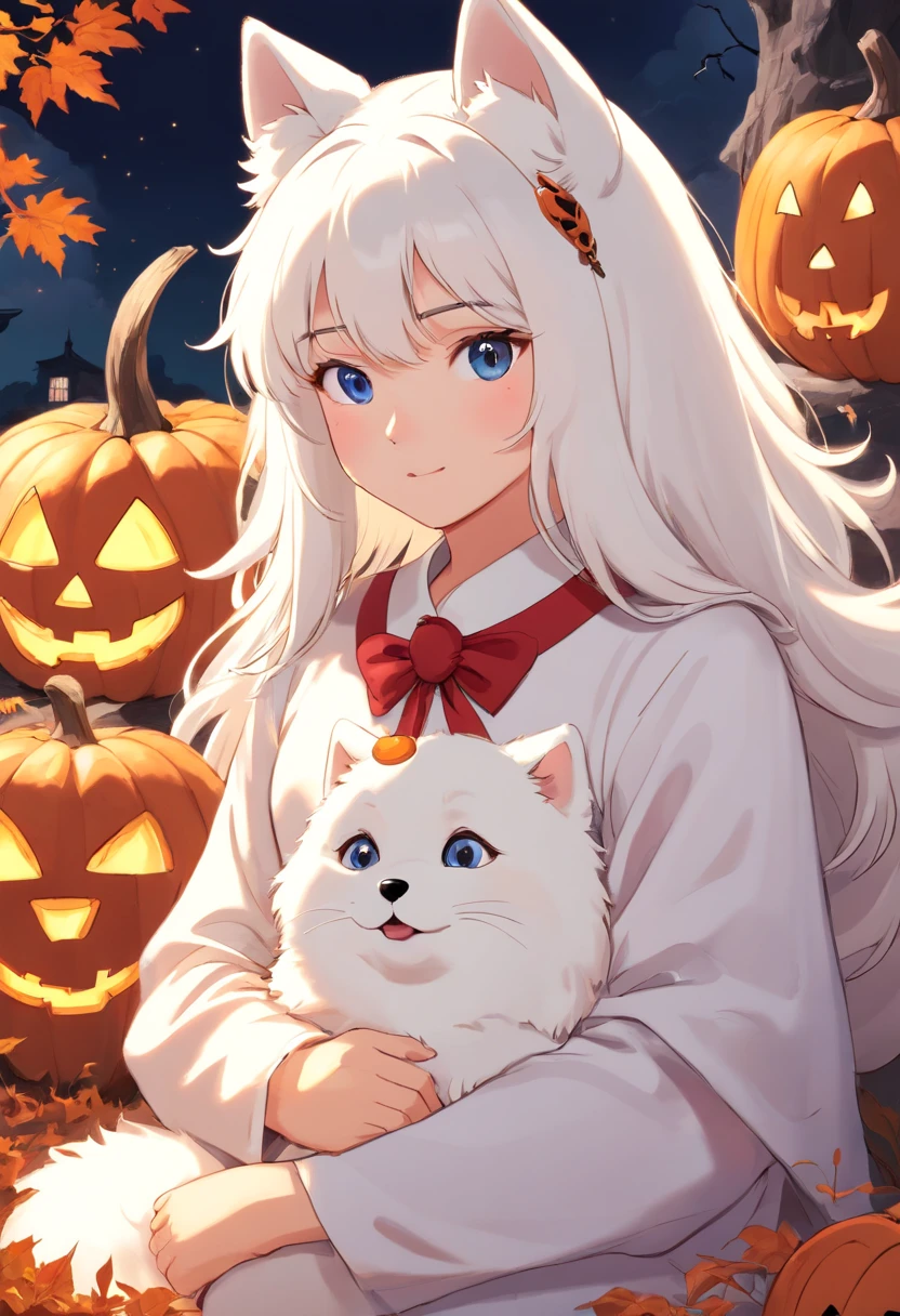 Samoyed in Halloween costume，There was a white cat lying next to it