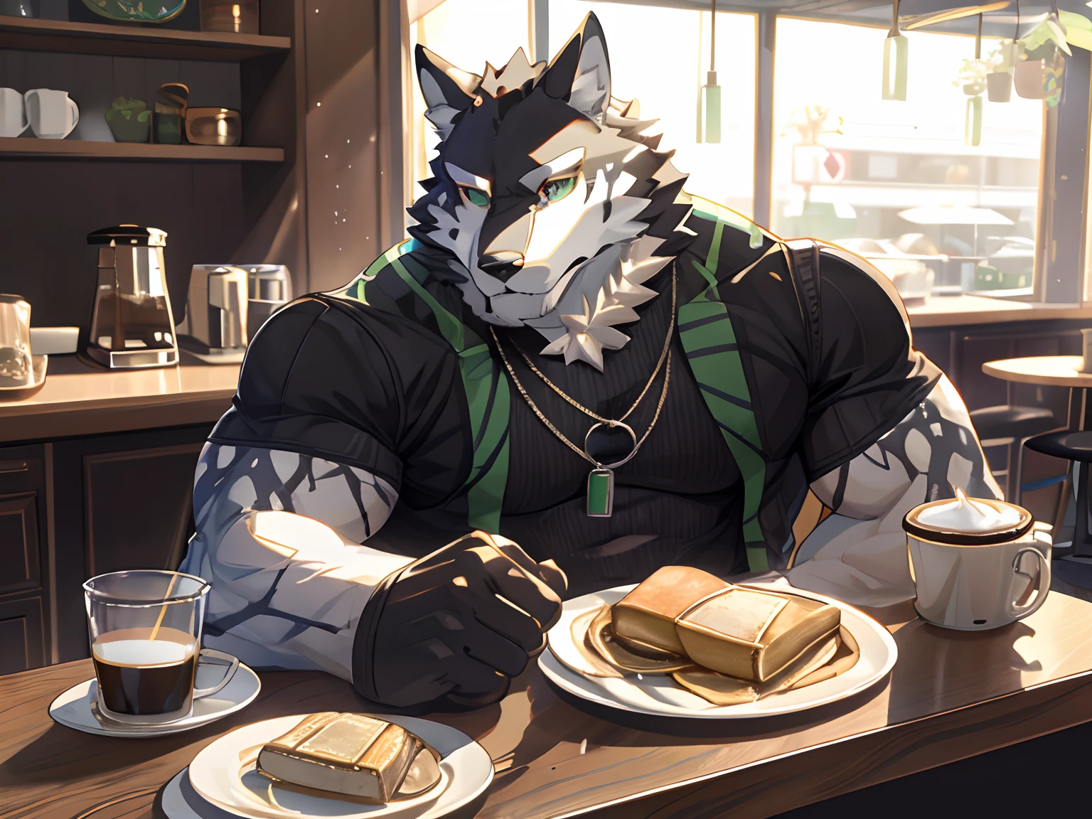 Monomasa, Solo, Furry Wolf, Black Furs, Two Toned Colors, Green Detailed Eyes, Muscular body, handsome, good looking, Casual Set, cool pose, Coffee, Breakfast Morning Cafe Background.