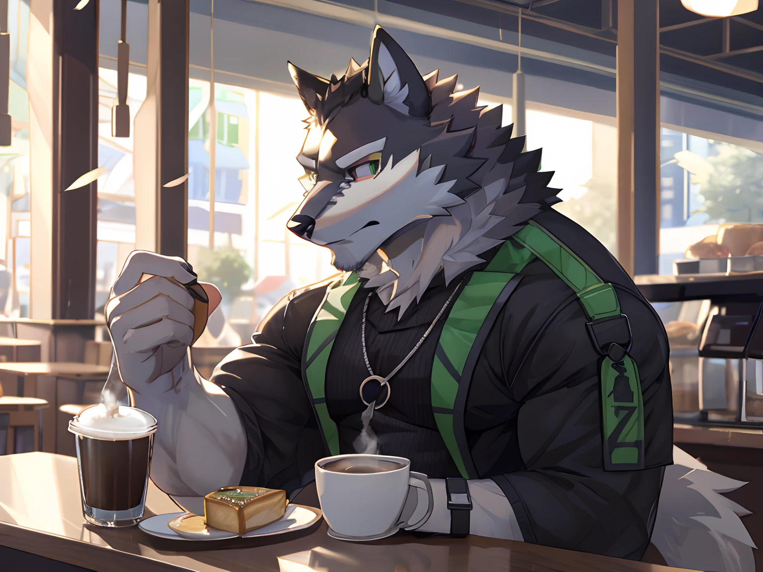 Monomasa, Solo, Furry Wolf, Black Furs, Two Toned Colors, Green Detailed Eyes, Muscular body, handsome, good looking, Casual Set, cool pose, Coffee, Breakfast Morning Cafe Background.