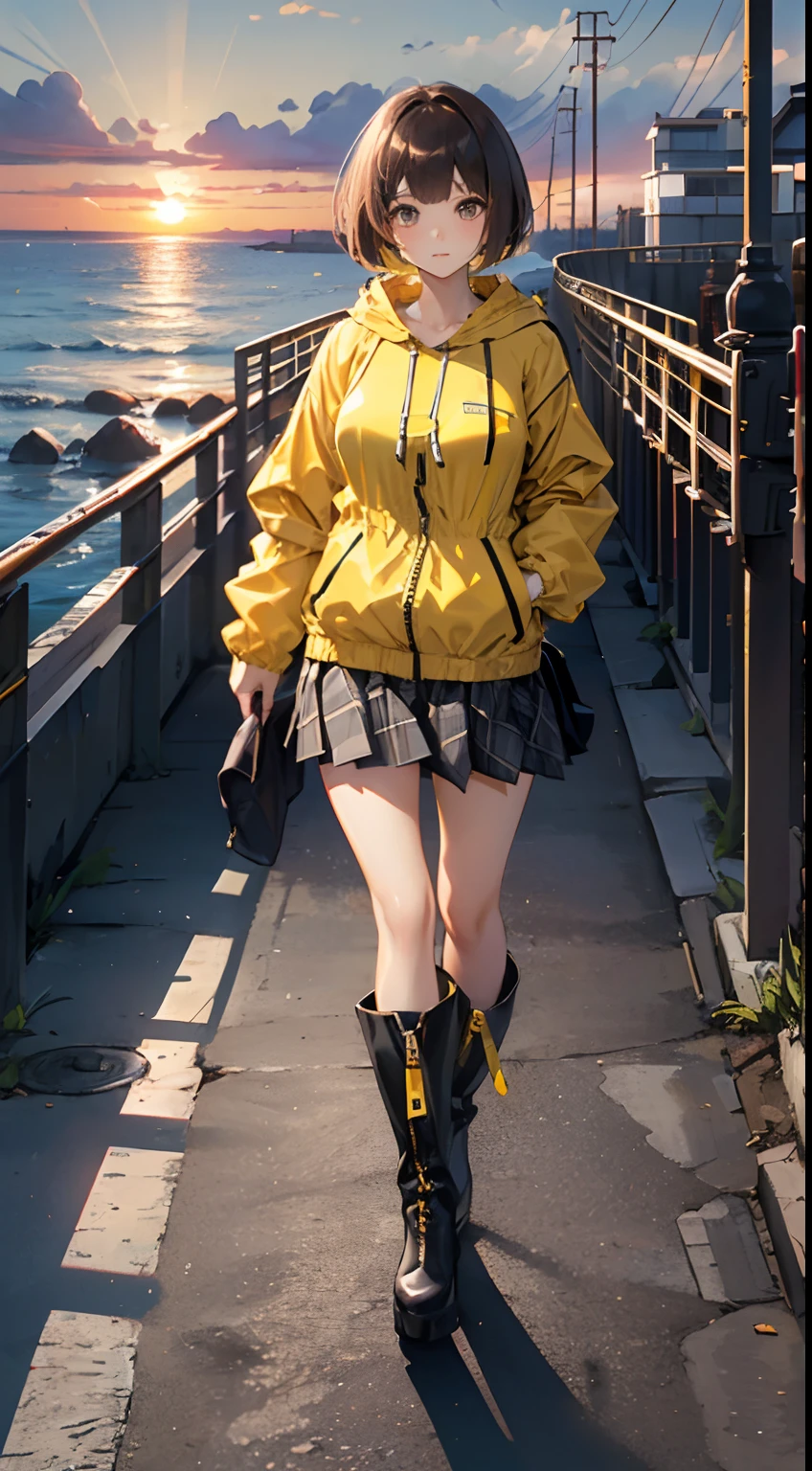 top quality,16K, masterpiece, beautiful high school girl， Light brown beautiful bob hair, Light brown beautiful eyes, looking at viewer, Light brown medium bob hair, plump breast, standing open legs, BREAK (yellow theme:1.4), (oversized and baggy yellow outerwear:1.3), (fusion of yellow windbreaker and yellow hoodie:1.4), (yellow Nylon:1.4), ((zipper, large pocket):1.3), BREAK (black and white plaid-pattern pleated-skirt:1.2), (black platform HIGH boots:1.2), sunset seashore, orange sky, beautiful clouds,