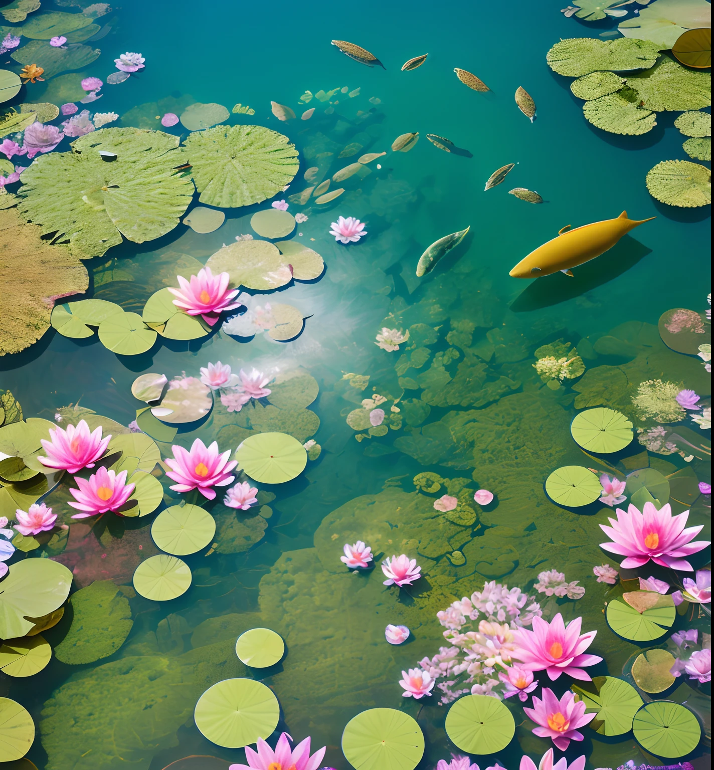 The landscape, crystal clear water, water lilies,(Highly detailed CG unit 8k wallpaper), There are fish swimming，The most beautiful work of art in the world, Professional majestic oil painting, 复杂, High detail, foco nítido, драматичный, The art of realistic painting, top - down photograph，Overhead shot, top down shot