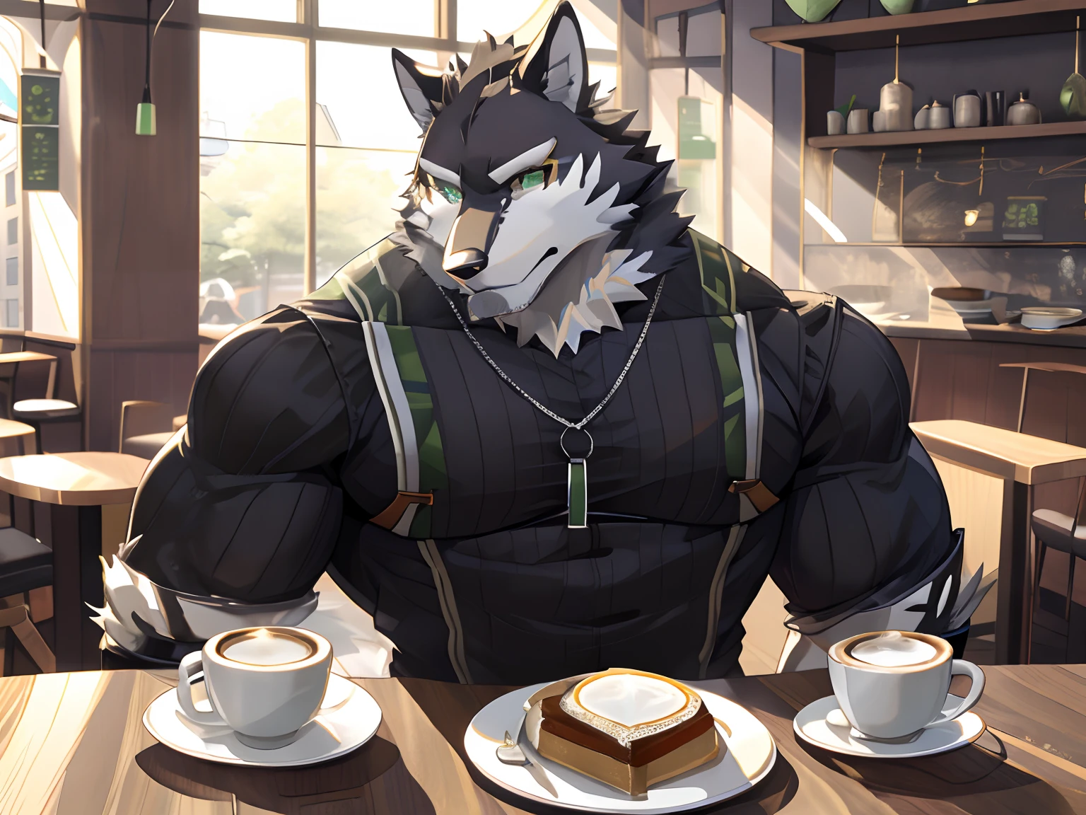 Monomasa, Solo, Furry Wolf, Black Furs, Two Toned Colors, Green Detailed Eyes, Muscular body, handsome, good looking, Waiter Set, cool pose, Coffee, Breakfast Morning Cafe Background.