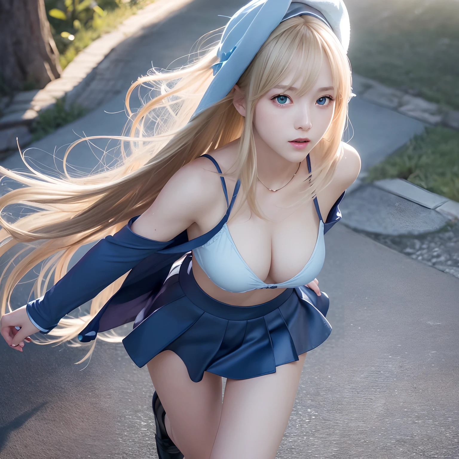 a young cute girl, dark magician girl, detailed face, dynamic pose, hair flow, (full body:1.1), blonde hair, long hair, green eyes, skindentation, detailed skin, skin pores, (shiny skin, glossy skin:1.1), rosy skin details, breasts, nail polish, skirt, blue footwear, blue headwear, wizard hat, holding hat, (blue panties:0.8), smile, nature, sunshine, beautiful lighting, (extremely detailed CG unity 8k wallpaper), detailed beautiful face, detailed clothes,