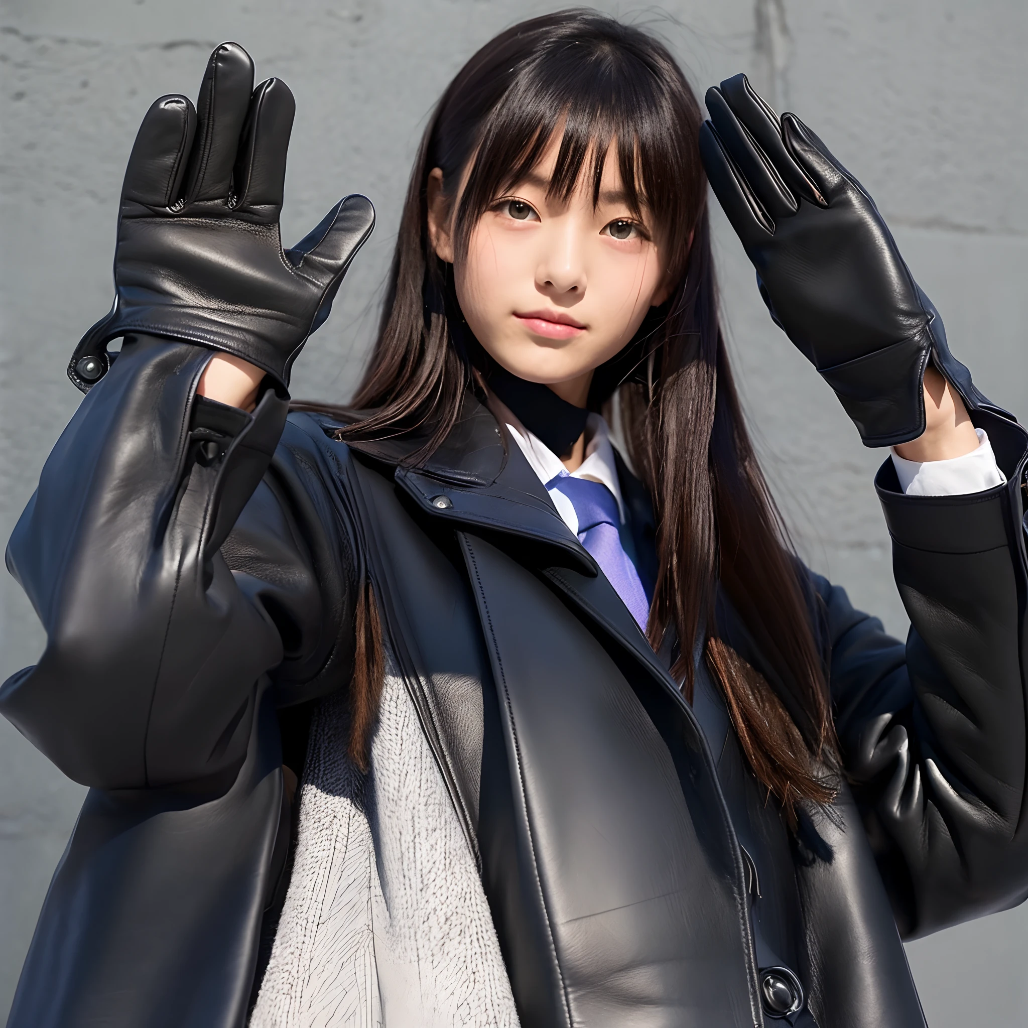 Black leather gloves on both hands up to the tips of the fingers、Innocent Japan high school girl Black Leather Riders Jacket、(Black leather gloves on both hands up to the tips of the fingers)、School Blazer Uniform、Black Leather Knee High Long Boots(Black leather gloves on both hands up to the tips of the fingers)