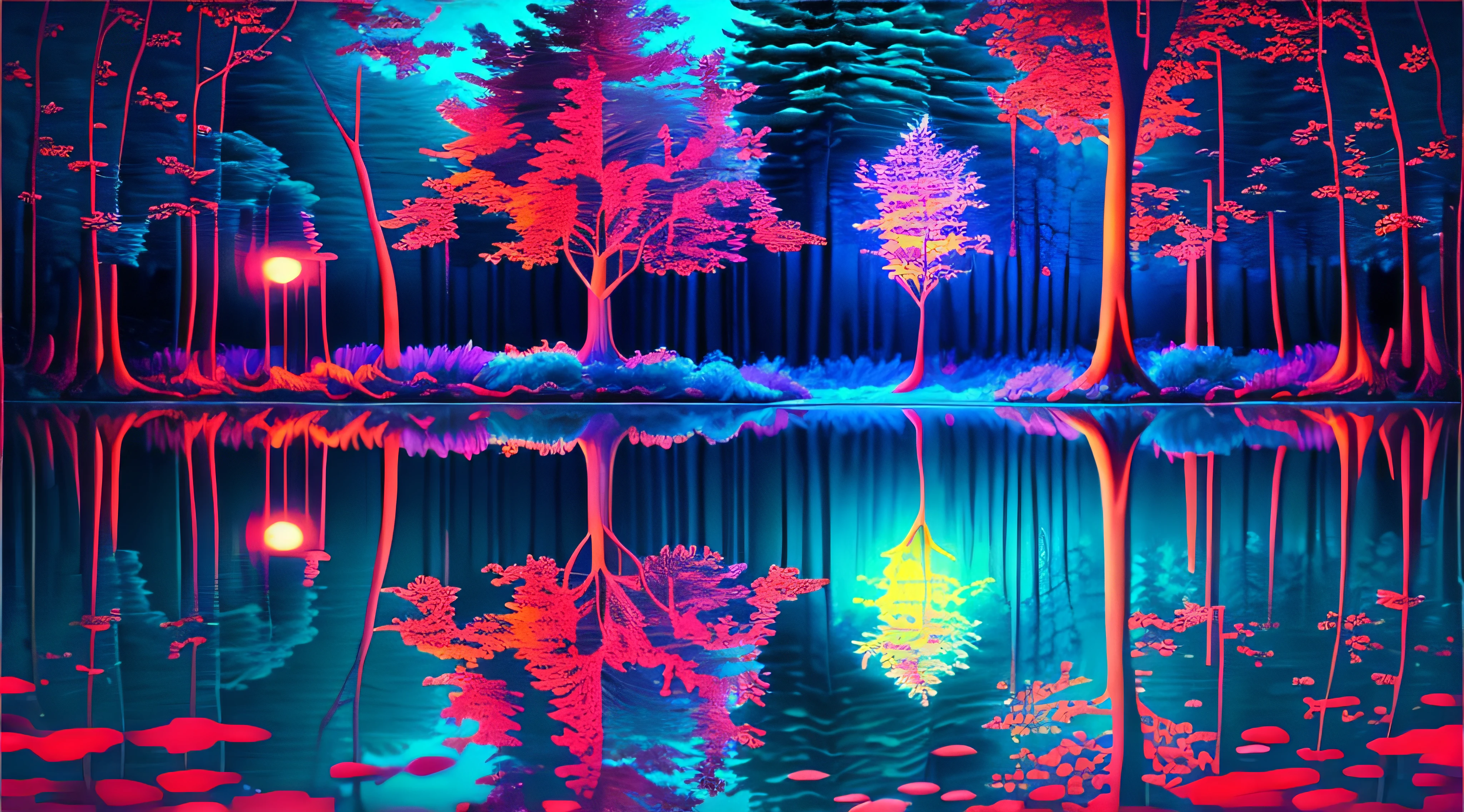 a close up of a lake with trees and lights on it, magical colours and atmosphere, colourful lighting, beatiful vivid lights, dramatic and colorful lighting, magical colors and atmosphere, blue and red lighting, beautiful lighting effects, enchanted forest, wonderland at night, enchanted and magic forest, red and blue lighting, colorful lighting, psychedelic lighting, ethereal lighting colors scheme, 4k