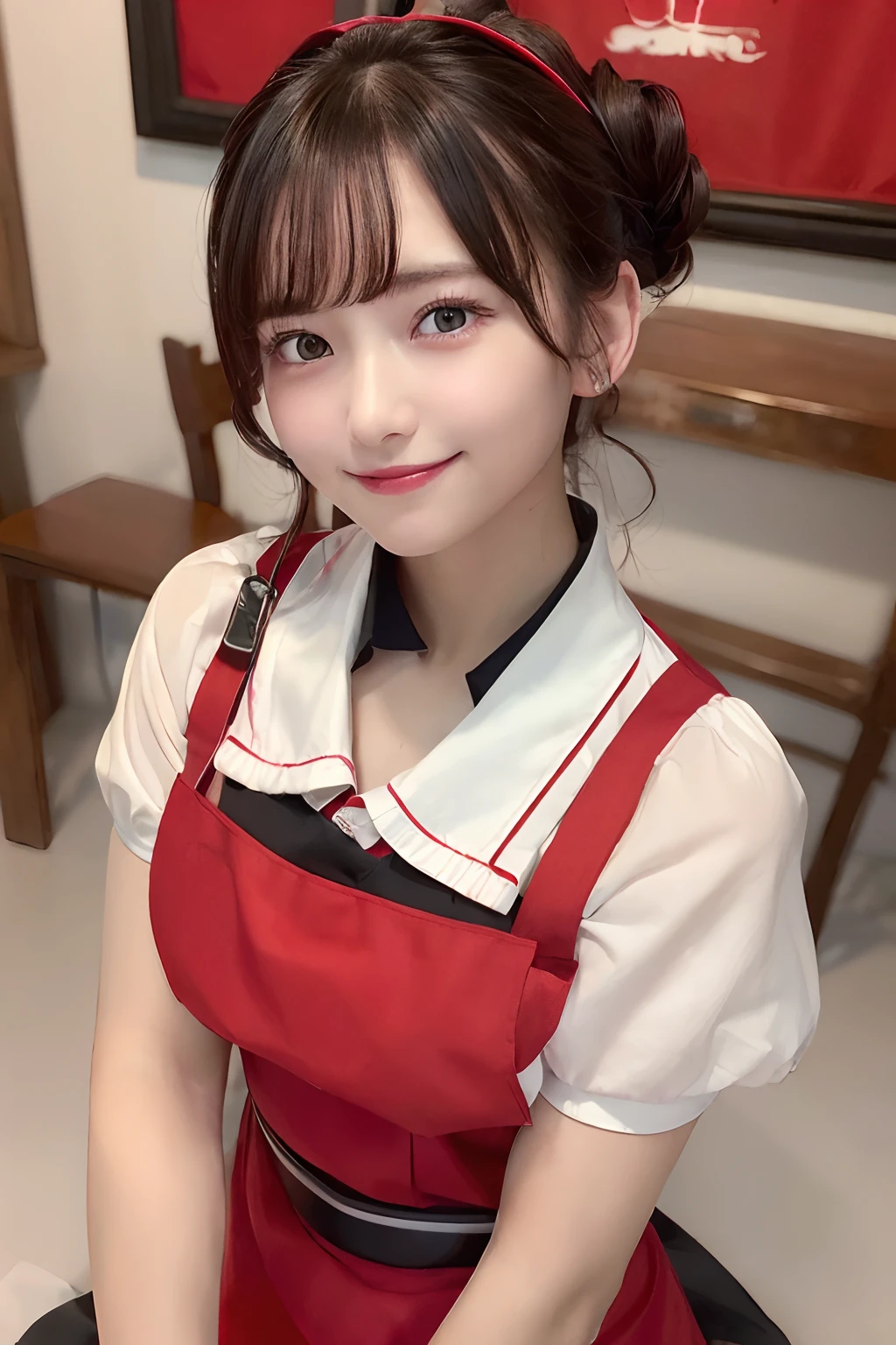 ((best quality, 8K, masterpiece)), ultra detailed, sharp focus, 1 cute girl, ((red apron:1.4)), (updo:1.4), (simple collared shirts:1.4), highly detailed face and skin texture, ((detailed eyes)), ((beautiful black eyes:1.2)), (smile:1.15), (closed mouth), (cafe)