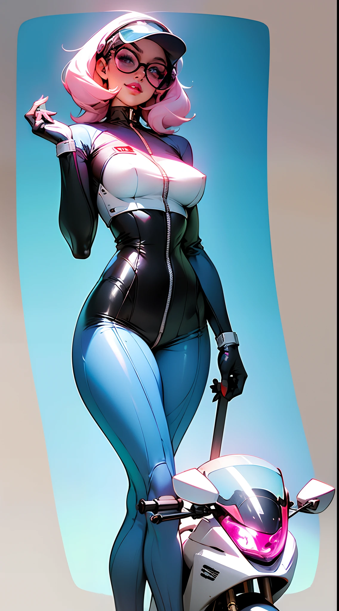 A fantz monster design, Cute robots in space [style-rustmagic]，female robot，Half-human, tmasterpiece， （tmasterpiece， top-quality， best qualityer）， 1girl， 独奏， tightsuit， nedium breasts， long whitr hair， white backgrounid， ssmile， simplebackground， mediuml breasts， shelmet， looking at viewert， skin tight， sitted， cparted lips， blue skinsuit， the motorcycle， Black gloves， mitts