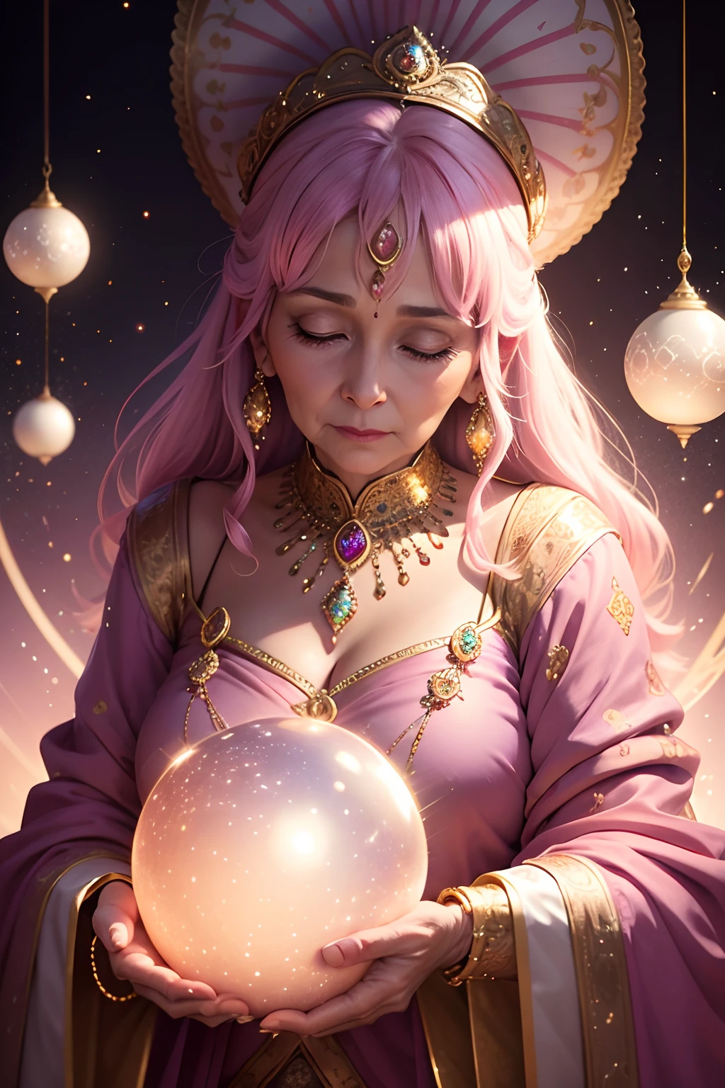 appearance々Glittering elderly woman adorned with jewellery,Rabbits have large balls,staring directly at camera, at centre,Very bright colors, light Particle, with light glowing, Musif, Wallpaper Art, UHD Wallpapers,Background Pink、Divination to meditate、Mystical