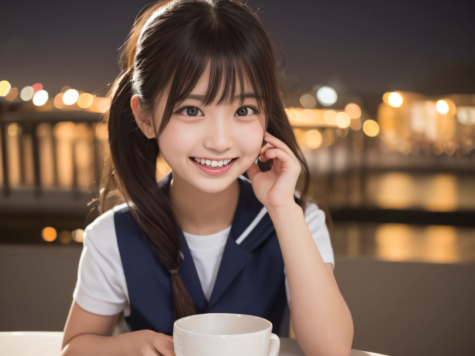 masutepiece, Best Quality, 8K, 10yaers old, Teen, Raw photo, absurderes, award winning portrait, Smile, Solo, (Night:1.8), Idol face, violaceaess, Delicate girl, Upper body, Digital SLR, Looking at Viewer, Candid, Sophisticated,Thin arms, Professional Lighting, Film grain, chromatic abberation, (Eyes and faces with detailed:1.0),poneyTail, (Bokeh:1.1) , (Sailor Uniform,pinafore:1.1) , Opens mouth and laughs,Cute double teeth