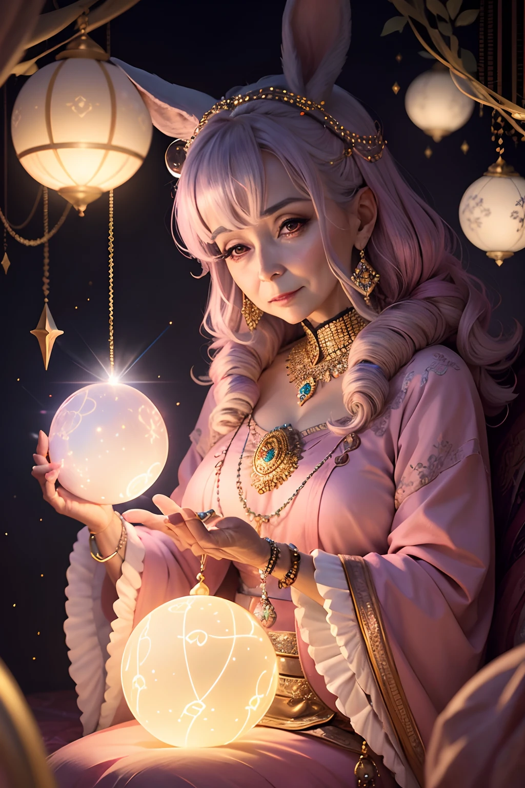 appearance々Glittering elderly woman adorned with jewellery，Rabbits have large balls，staring directly at camera， at centre，Very bright colors, light Particle, with light glowing, Musif, Wallpaper Art, UHD Wallpapers,Background Pink、Divination to meditate、Mystical