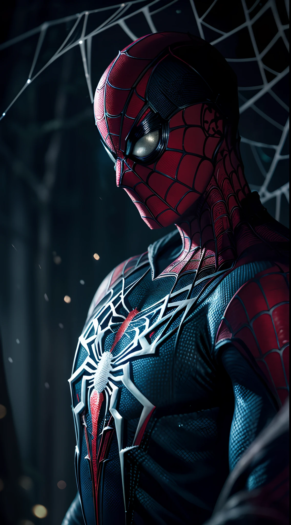 dramatic dynamic portrait of Spider-Man covered in intricate floral bioluminescent spiderweb filigree, misty fantasy forest environment, bokeh ✨