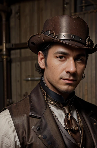arafed man in a vest and tie with steampunks on his chest, a portrait by Kazimierz Wojniakowski, shutterstock, renaissance, steampunk male portrait, steampunk engineer, wearing steampunk attire, closeup portrait of an artificer, ( steampunk ), (steampunk), steampunk aesthetic, steampunk tech, steampunk imagery themed, steampunk era, steampunk style