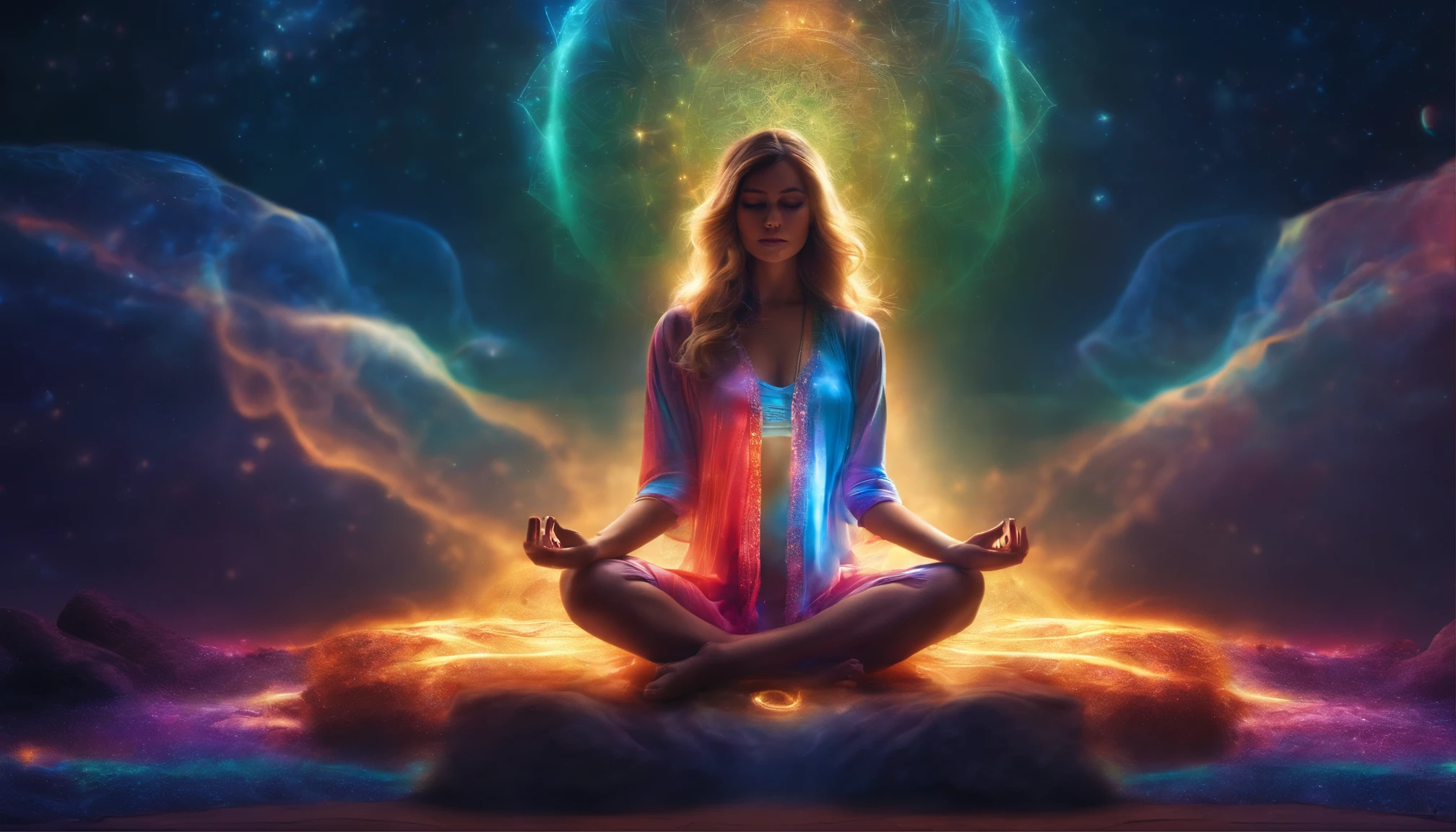 A woman sitting in a lotus position with her eyes closed and a glowing ...