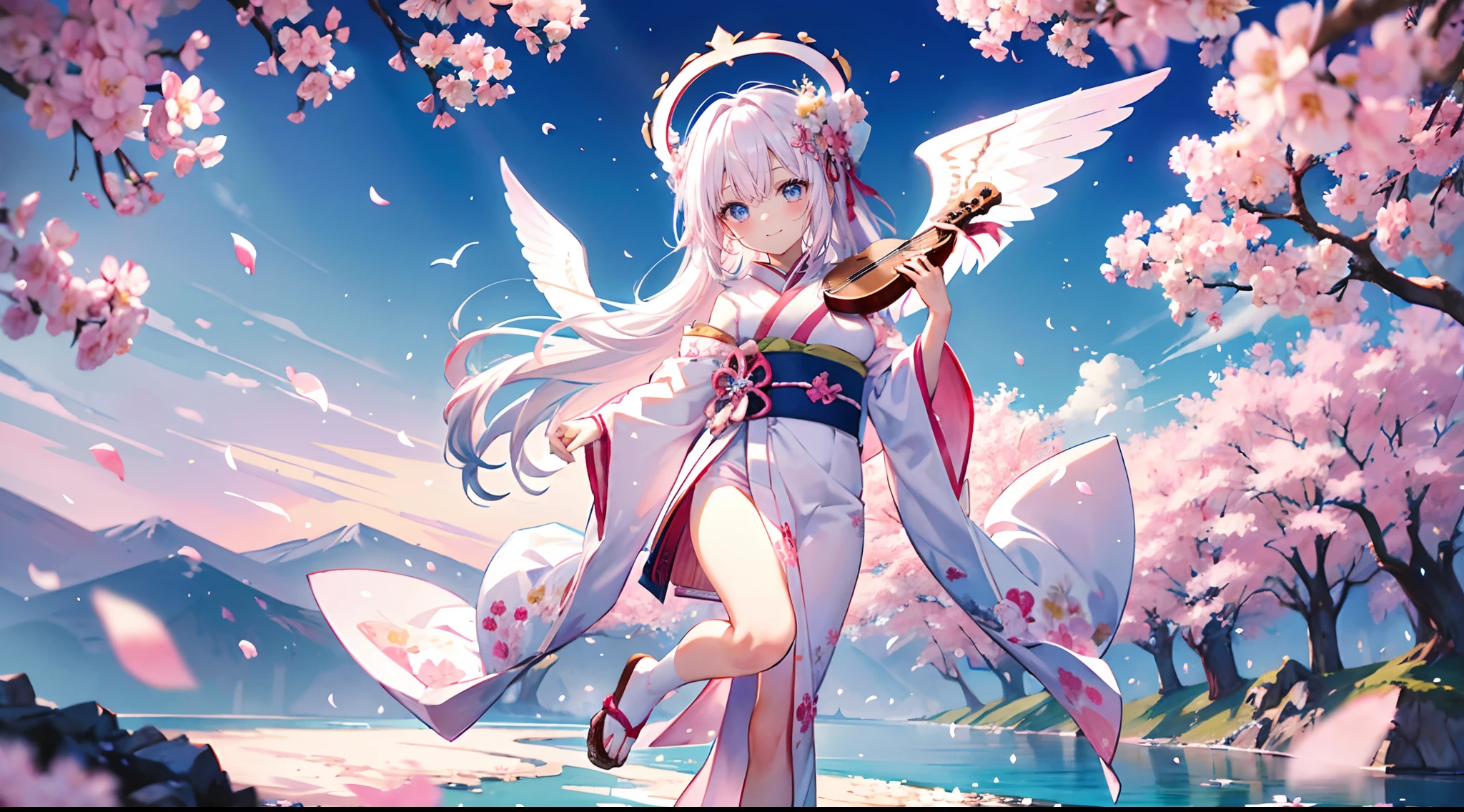 (Pink petals bloom at your feet)) Beautiful Dancing Angel Girl, Blue eyes、On a stringed instrument、Cherry-colored ankle ornament at the ankle、white hair , long hair,Wear a pink kimono with a red hem,with a Dragon of Japan、Hareful、with a Rabbit、Happy、A smile、high-level quality