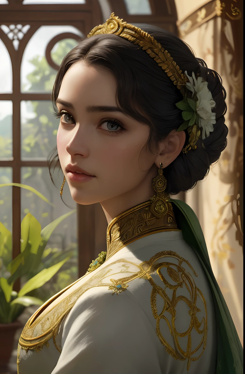 Retrato 8k de ciborgue bonito com cabelo castanho, intrincado, elegante, altamente detalhado, majestoso, fotografia digital, Arte de Artgerm e Ruan Jia e Greg Rutkowski Pintura Surreal filigrana borboleta dourada, vidro quebrado, (master part, side-lighting, belos olhos finamente detalhados: 1.2), HDR, (Detailed background window for a new dimension, plantas e flores:0.7) Infinity, infinite symbol,